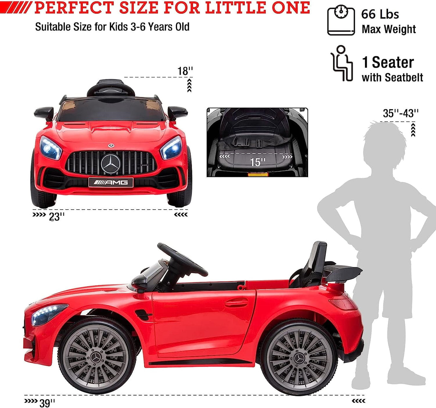 Track 7 Ride on Car with Remote Control, 12V Licensed Benz Electric Car for Kids Age 3+, AUX/FM/USB, Kids Ride on Toy Car, Red