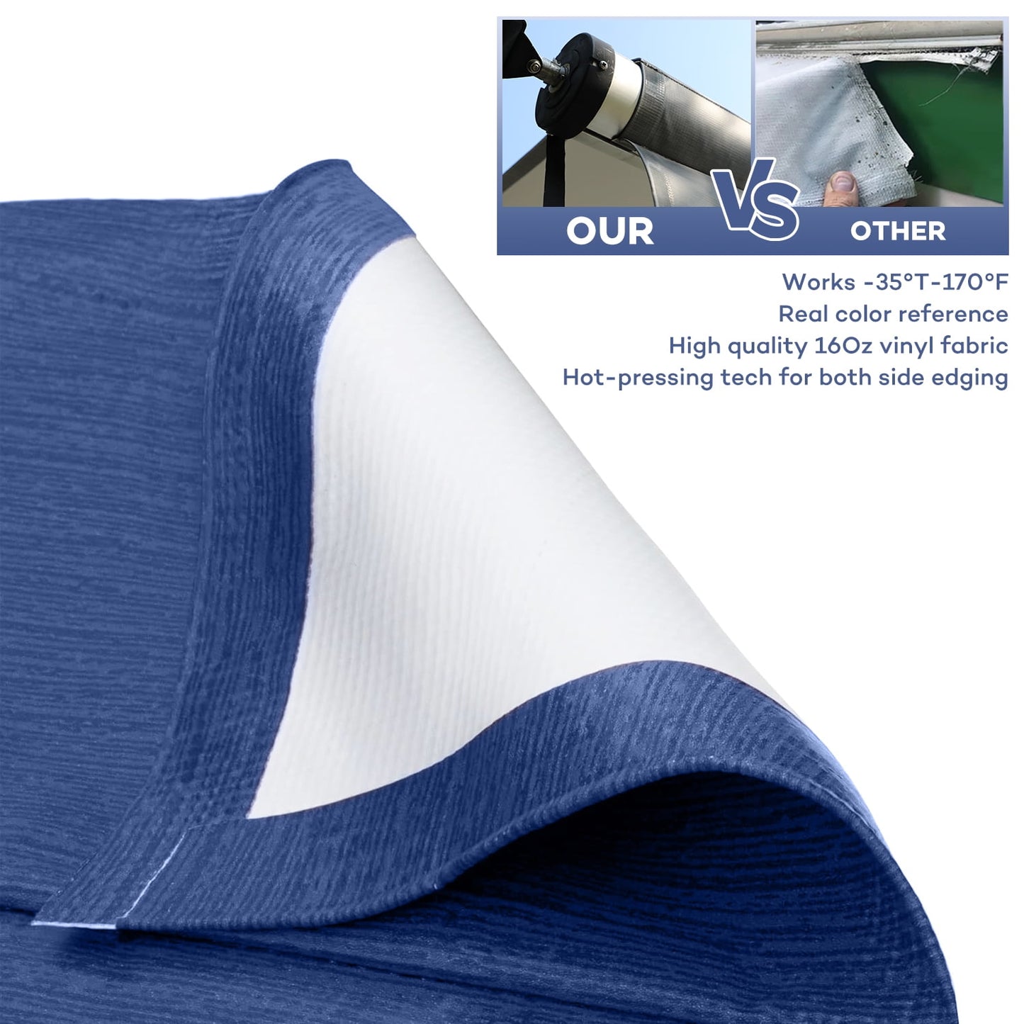 COOKCOK 16.2ft Rv Awning Fabric Replacement, Durable Heavy Duty Weatherproof Anti-Fading Awning Fabric with Pull Strap Fit for 17ft Awning, Outdoor Canopy for Camper, Trailer, Motorhome, Blue
