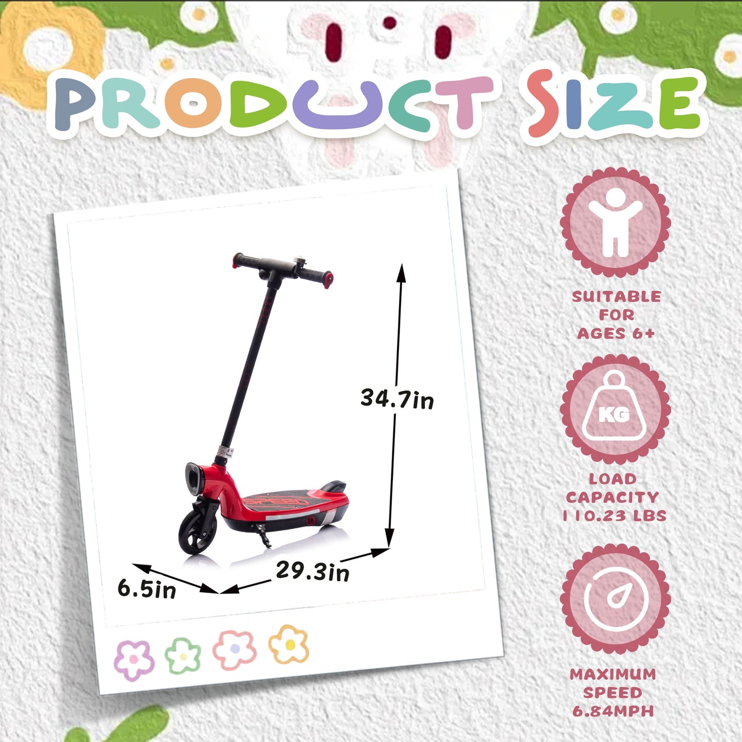 Track Seven 12V Electric Scooter for Kids, Front Big Light, Colorful Lights, Bell, 6.5" Wide Pedal, Rear Wheel Brake, Max 6.84MPH, Kids Electric Kick Scooters for Teens Boys Girls Aged 6+, Red