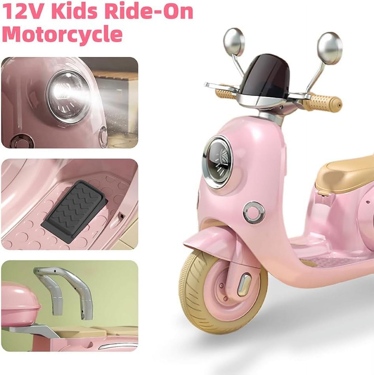 Track Seven 12V Kids Ride on Motorcycle, 3 Wheels Powered Motorbike for Kids Ride with Mp3, Bluetooth, Headlight, Storage Box for Kids Aged 3+, Pink