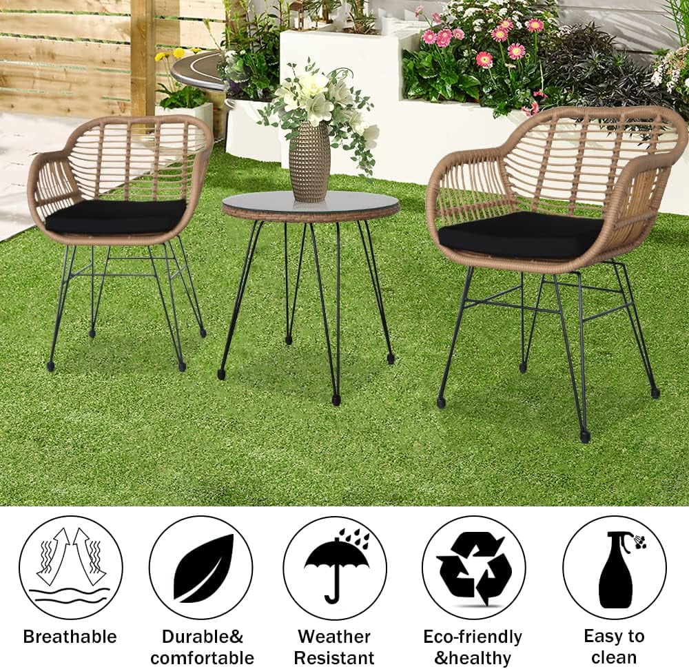 COOKCOK 3 Pcs Wicker Rattan Patio Conversation Set, Handmade Set with Cushions, for Backyard, Yellow