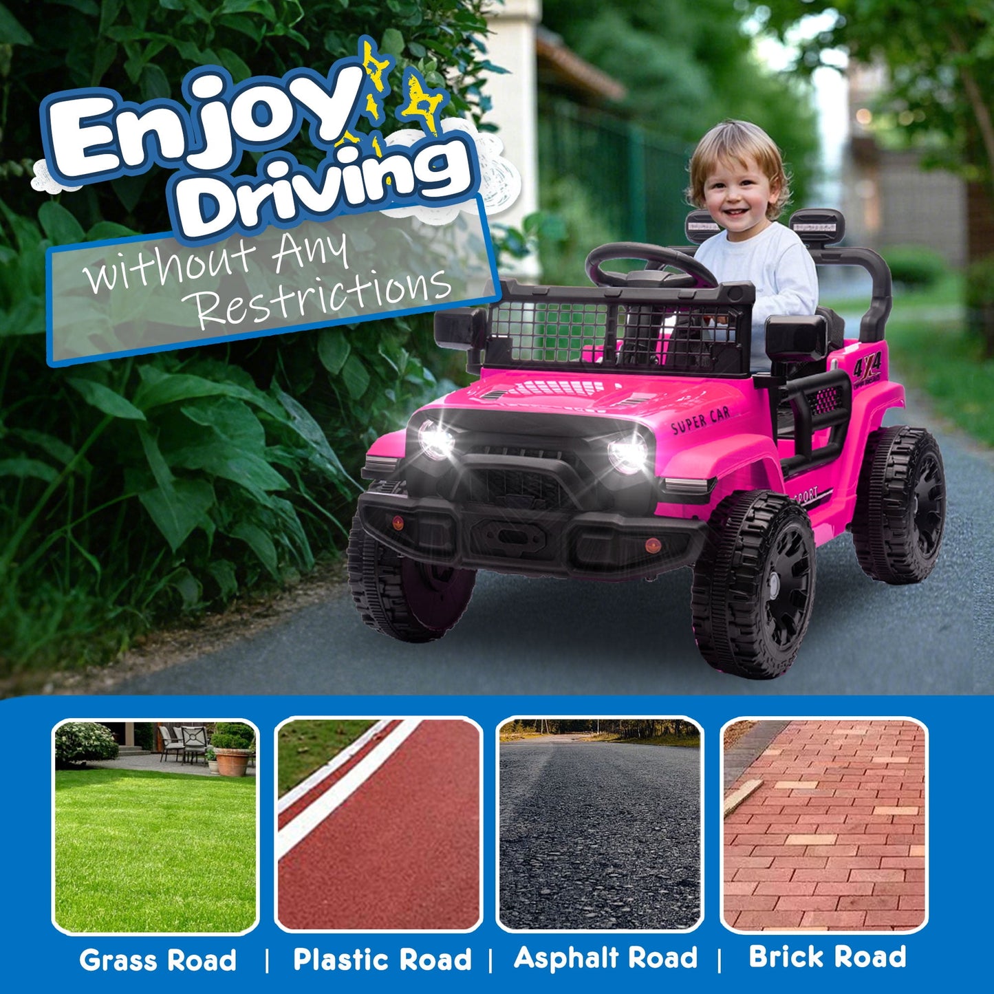Track Seven 24V Kids Ride on Truck, Electric Car with Remote Control, Four-Wheel Suspension, Power Display, Bluetooth, MP3 Player, LED Lights, Kids Ride on Toy Car for Boys Girls Aged 3+, Pink