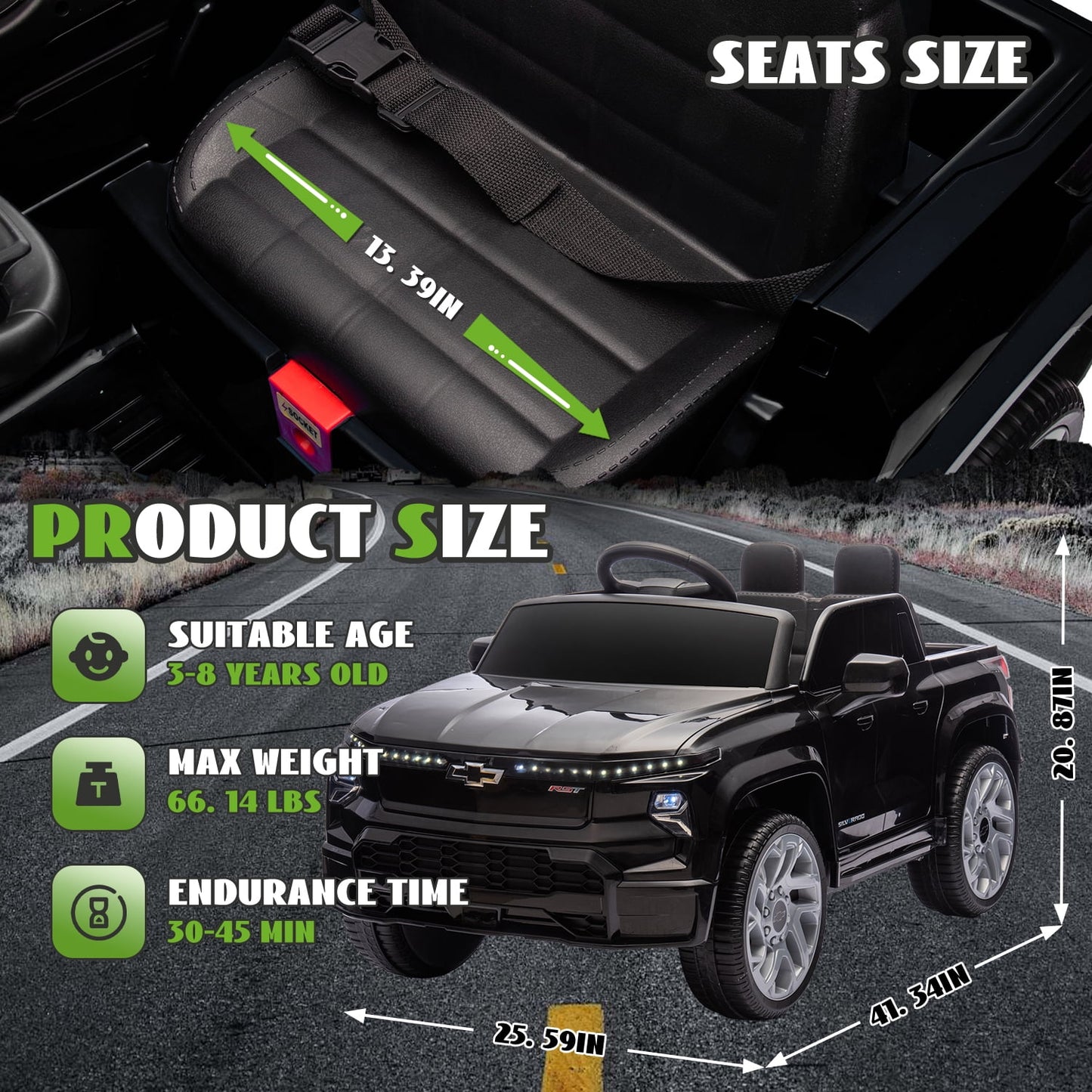 Track Seven 24V Ride on Car, Licensed Chevrolet Silverado Electric Car Truck with Remote Control, Bluetooth, LED Lights, Power Display, Rear Storage Ride on Toy Car for Boys Girls Age 3+, Black