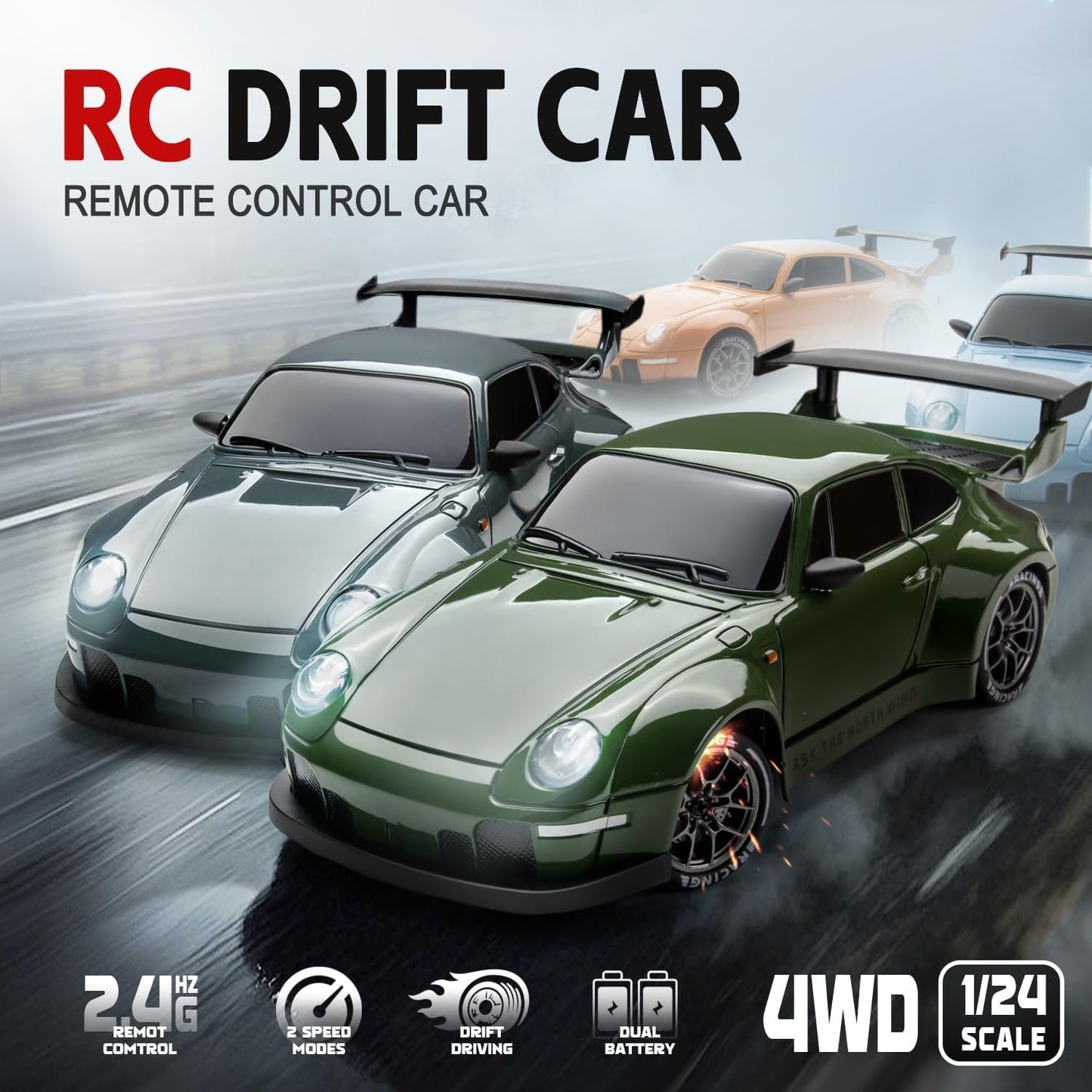 Track Seven RC Drift Car, 1:24 Scale Remote Control Vehicle with LED Lights, 2.4GHz 20KM/H 4WD High Speed RC Cars, Drifting Tires&Two Batteries, Racing Sports Toy Idea Gift for Adults Boys Girls