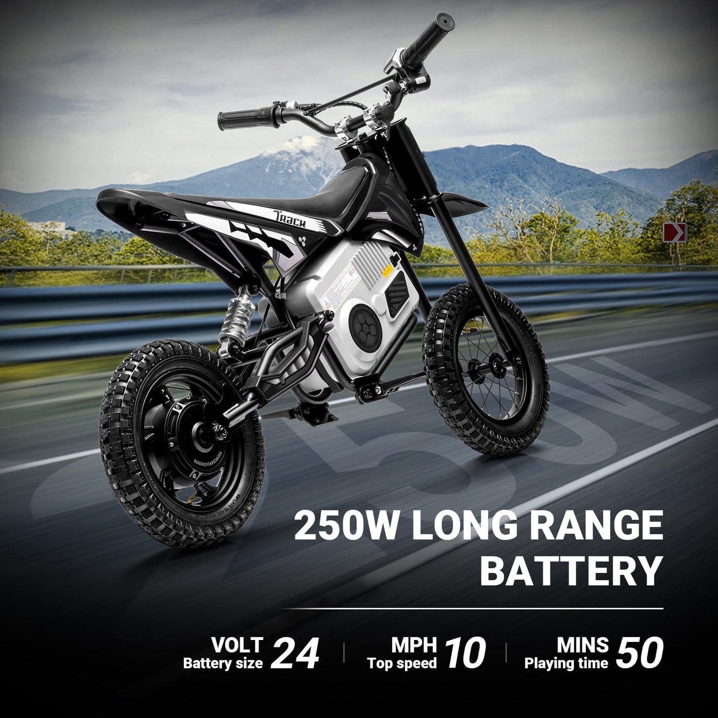 Track Seven 24V Electric Dirt Bike, 350W Ride on Motorcycle with Twist Grip Throttle, Hand-Operated Dual Brakes, Speed Up to 10 MPH, for Age 8-12, Black