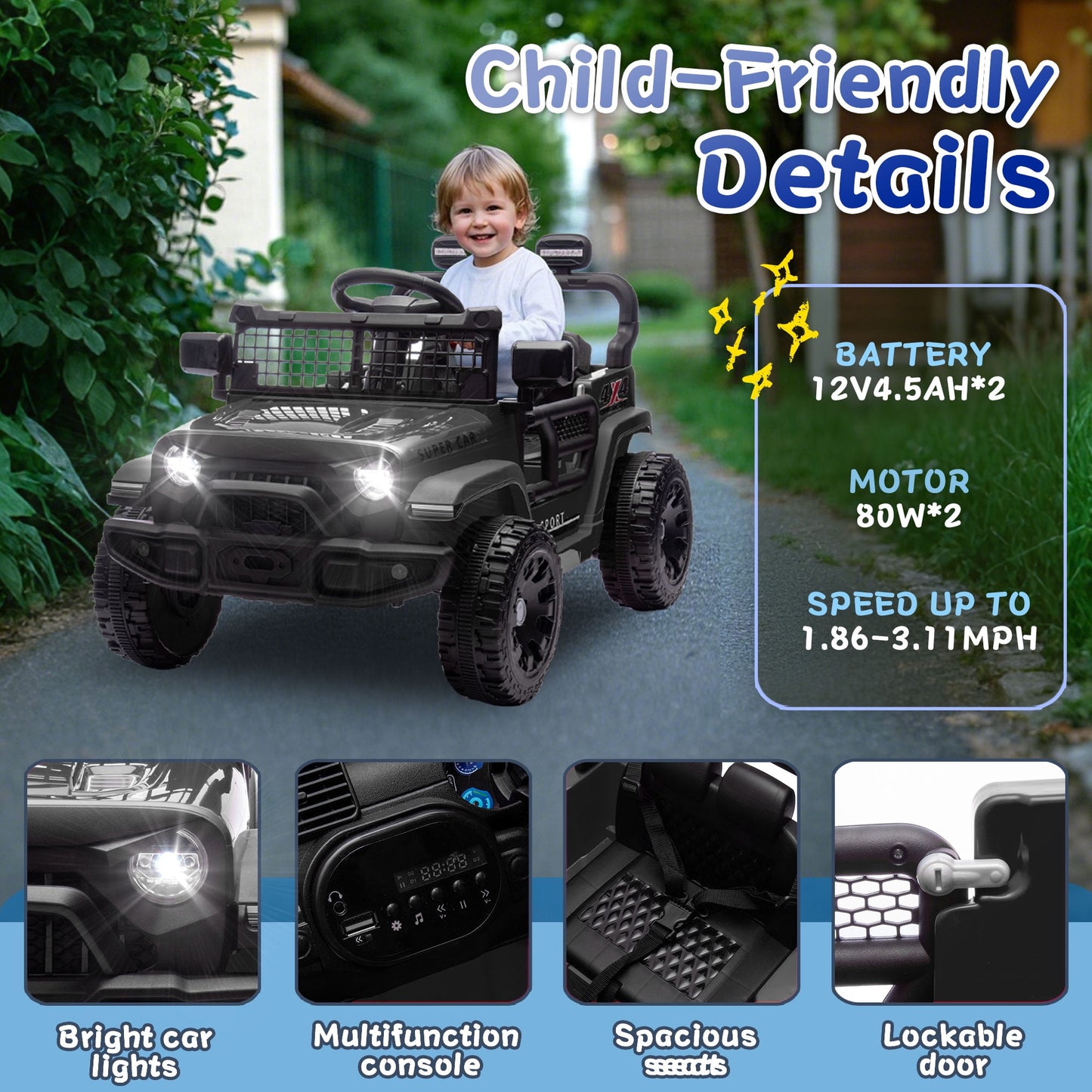 Track Seven 24V Kids Ride on Truck, Electric Car with Remote Control, Four-Wheel Suspension, Power Display, Bluetooth, MP3 Player, LED Lights, Kids Ride on Toy Car for Boys Girls Aged 3+, Black