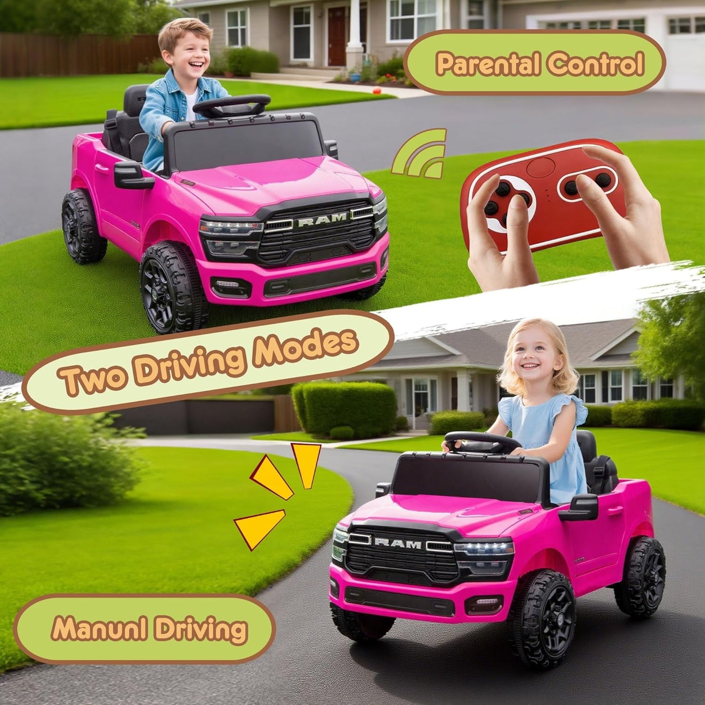 Track Seven 12V Ride on Car, Licensed Dodge RAM 3500 Ride On Truck with Remote Control, Rear Shock Suspension, LED Headlights, Low Battery Alarm, Bluetooth, Music, Ride on Toy for Kids Aged 3+, Pink
