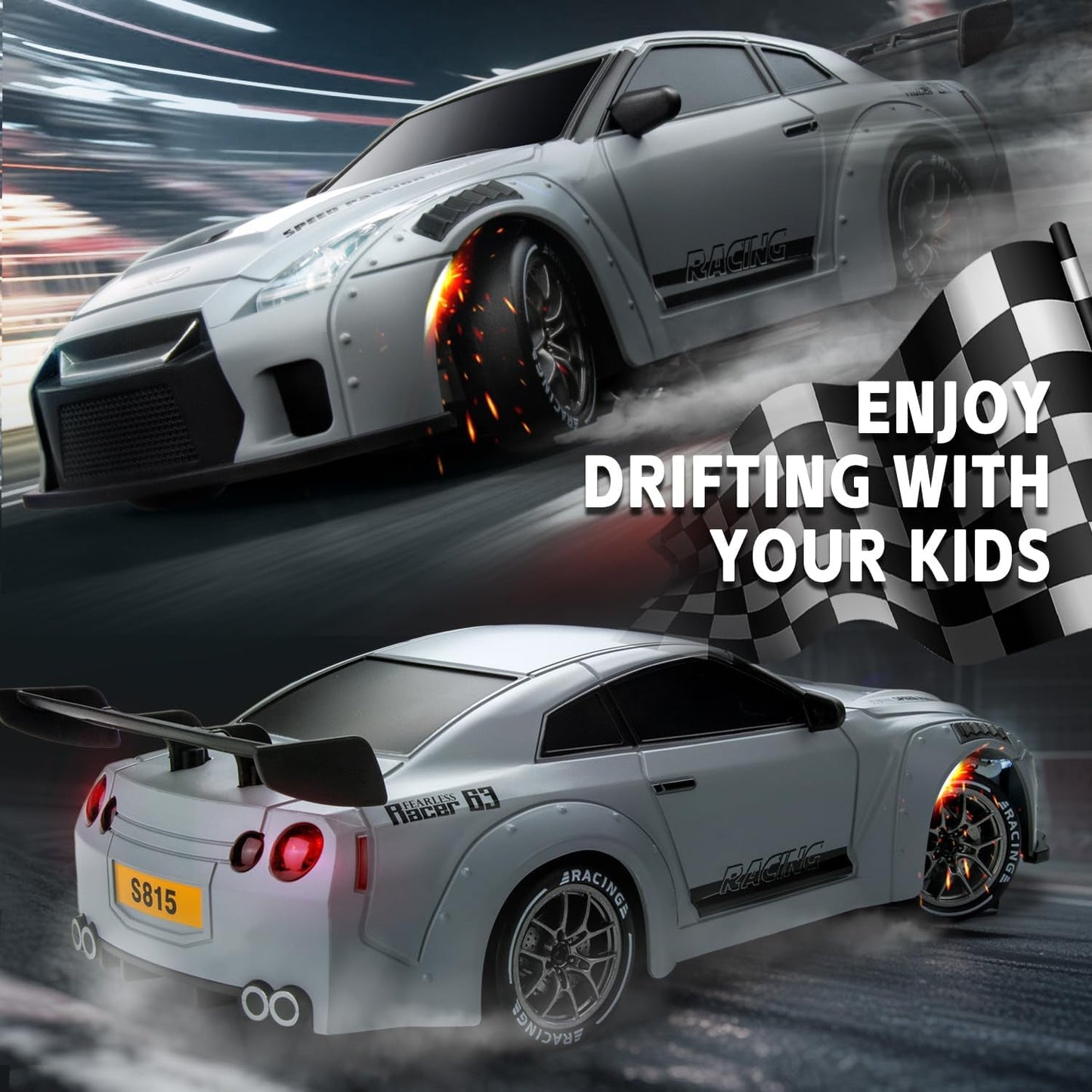Track Seven RC Drift Car, 1:24 Scale Remote Control Vehicle with LED Lights, 2.4GHz 20KM/H 4WD High Speed RC Cars, Drifting Tires&Two Batteries, Racing Sports Toy Idea Gift for Adults Boys Girls
