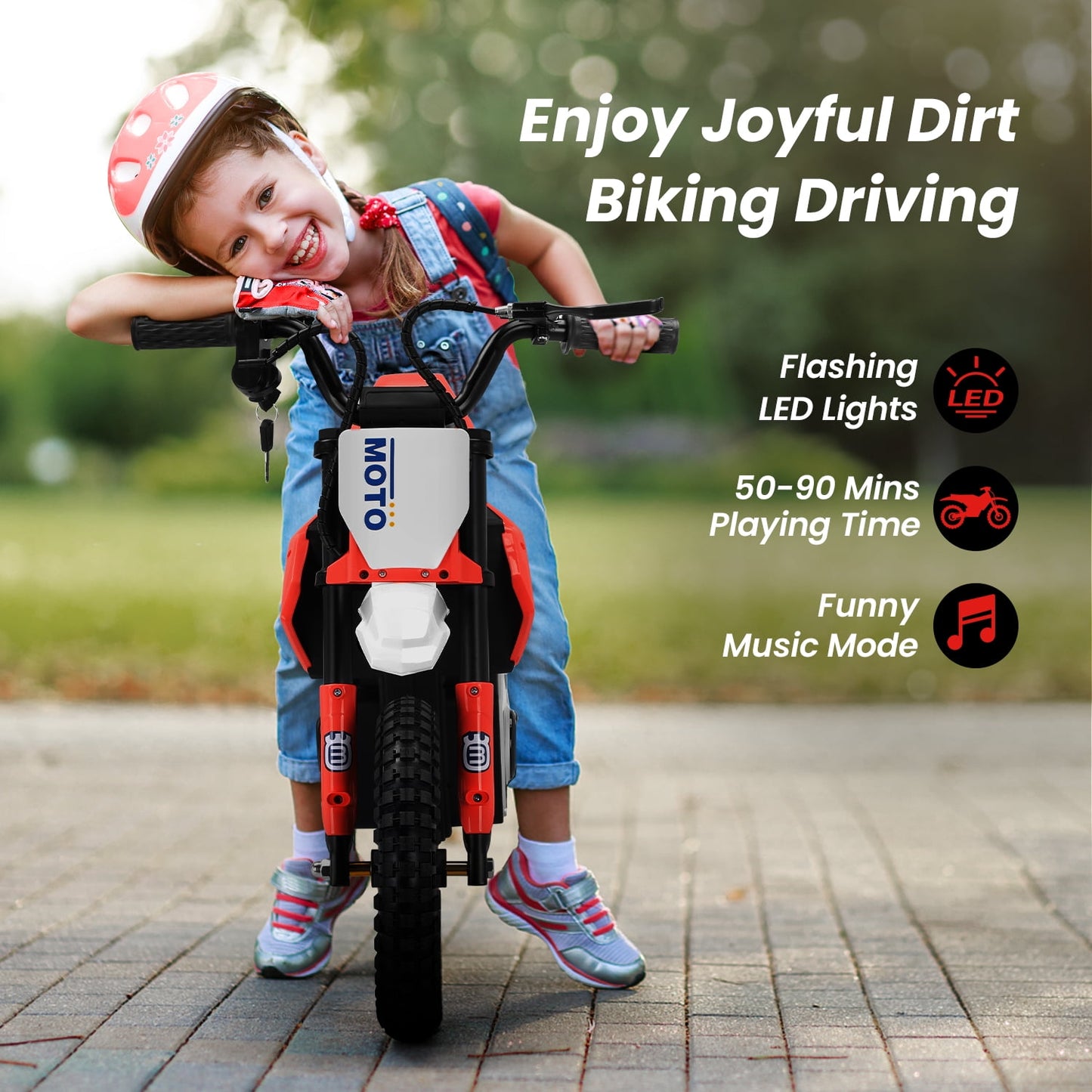 Track Seven 24V Electric Dirt Bike, 200W Motocross Ride on Motorcycle with Hand Operated Brakes, Adjustable Speed, LED Lamp, Music, Max Speed 10mph, Electric Motorcycle for Kids Age 5+, Red