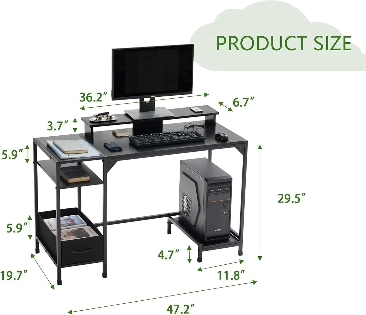 COOKCOK 47 inch Computer Desk, Office Desk with a Monitor Stand and Fabric Drawer, Writing Gaming Table with Shelves and 2 Hooks for Home Office, Black