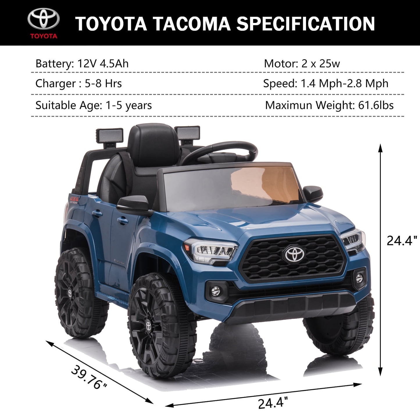 Track 7 Ride on Car with Remote Control, 12V Toyota Tacoma Electric Car for Boys Girls Age 3+, AUX/FM/USB, Storage Truck, Blue
