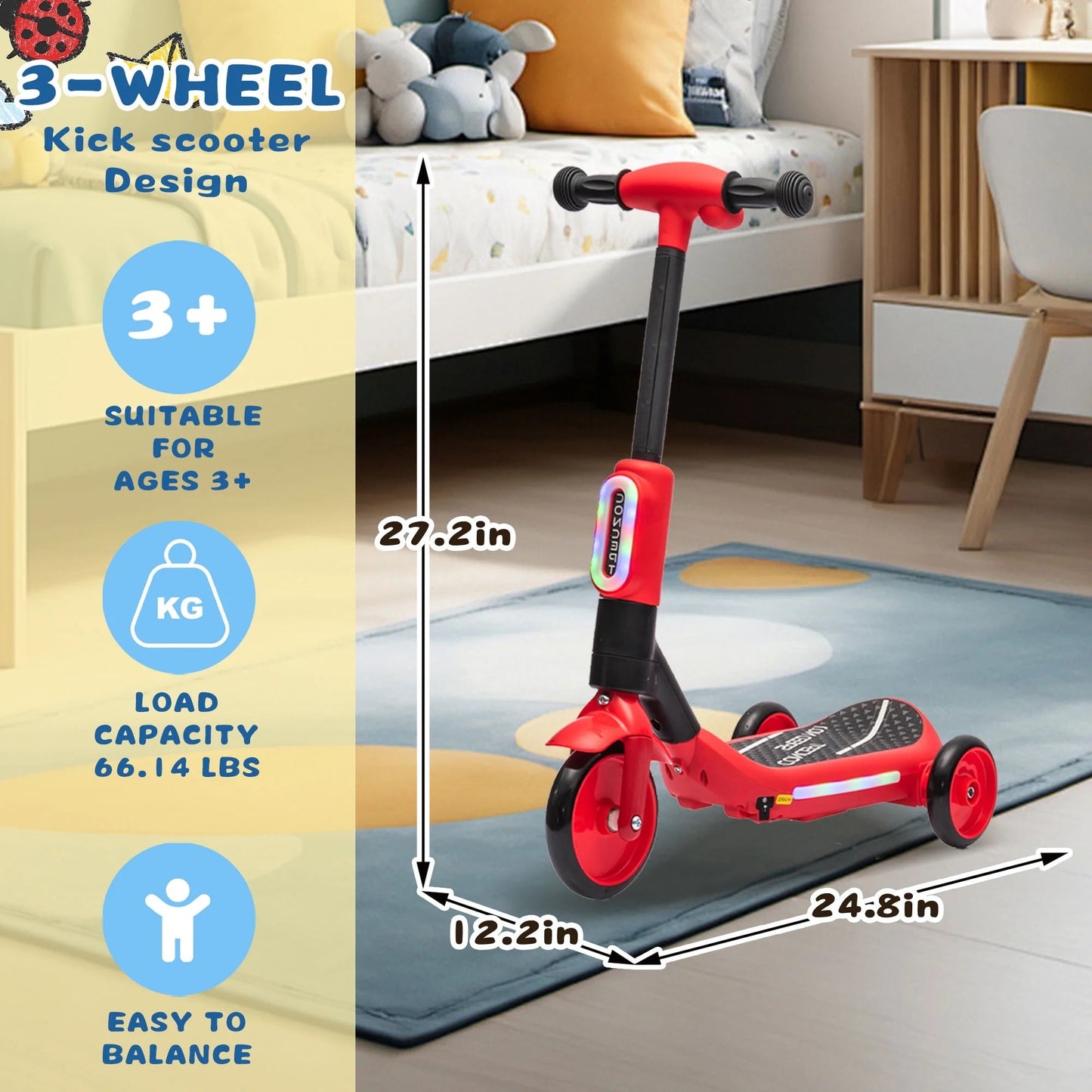 Track Seven Electric Scooter for Kids, 3 Wheels Kids Kick Scooter with Spray, LED Lights, PU Wheels, Wide Pedal, Music, Independent Light Switch, 6V Scooter for Boys Girls Toddlers Ages 3-6, Red