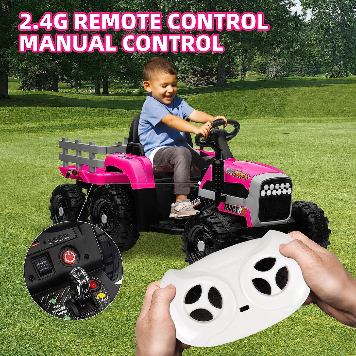 Track Seven 24V Ride on Tractor with Trailer, 400W Motor, 6-Wheels Ride on Truck Car with Remote Control, Music, Lights, Electric Tractor Max Speed 5 mph, Rose Red