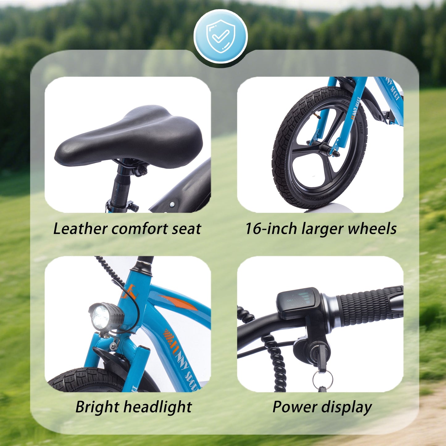 Track Seven 24V 300W Electric Bike, Teens Off-Road Mini Bike, Adjustable Seat (Age 5+), 16" Wheels, 12.43 MPH Top Speed, LED Headlight & Hand Brakes, Blue