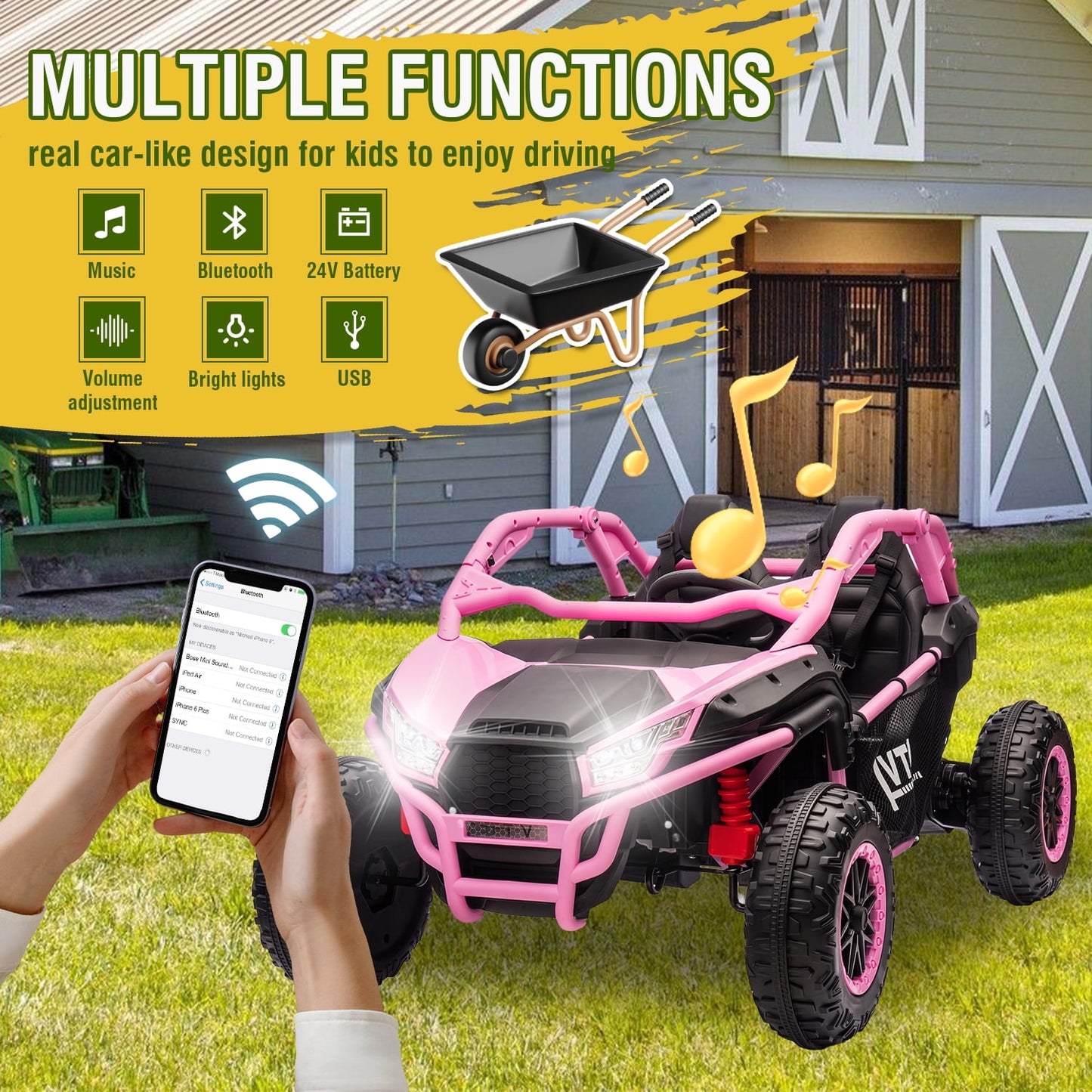 Track Seven 24V Ride on UTV, 2-Seater Ride on Car, 20" Width Seat, 4.97 mph Speed, 400W Motor, Remote Control, Bluetooh, MP3, LED Lights, Rear Storage, Off-Road Electric Car for Boys Girls Age 3+, Pink