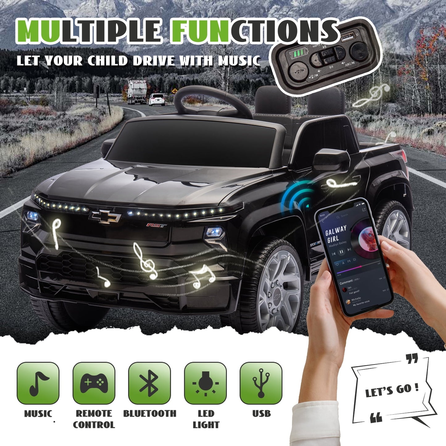 Track Seven 24V Ride on Car, Licensed Chevrolet Silverado Electric Car Truck with Remote Control, Bluetooth, LED Lights, Power Display, Rear Storage Ride on Toy Car for Boys Girls Age 3+, Black
