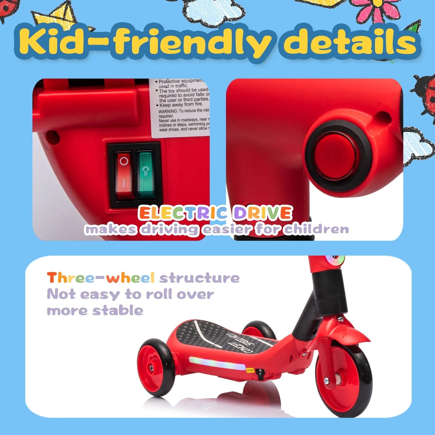Track Seven Electric Scooter for Kids, 3 Wheels Kids Kick Scooter with Spray, LED Lights, PU Wheels, Wide Pedal, Music, Independent Light Switch, 6V Scooter for Boys Girls Toddlers Ages 3-6, Red