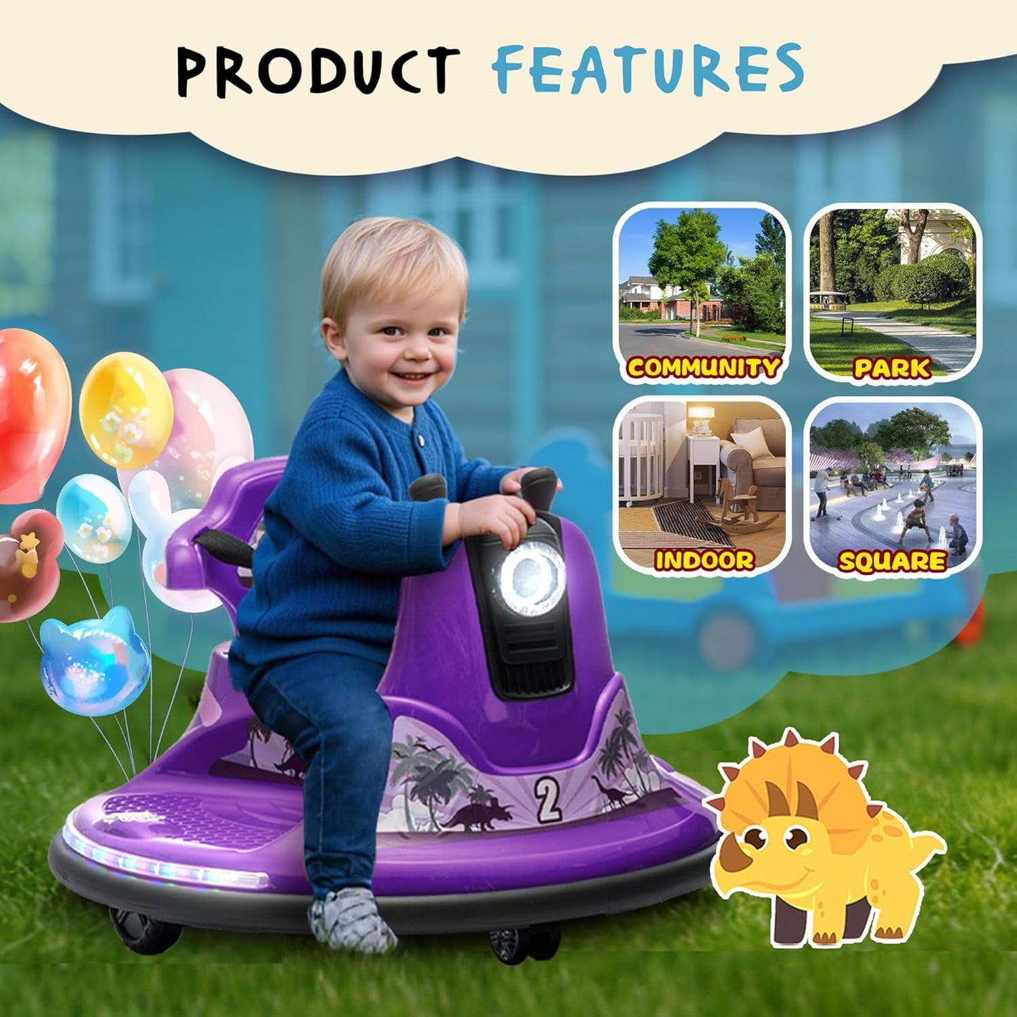 Track Seven 12V Ride On Bumper Car, 360° Spin, Remote Control, Dual Steering Handles, Kids Bumper Car with LED Lights, Music, Joysticks, Electric Car for Toddlers Boys Girls Ages 2-5, Purple