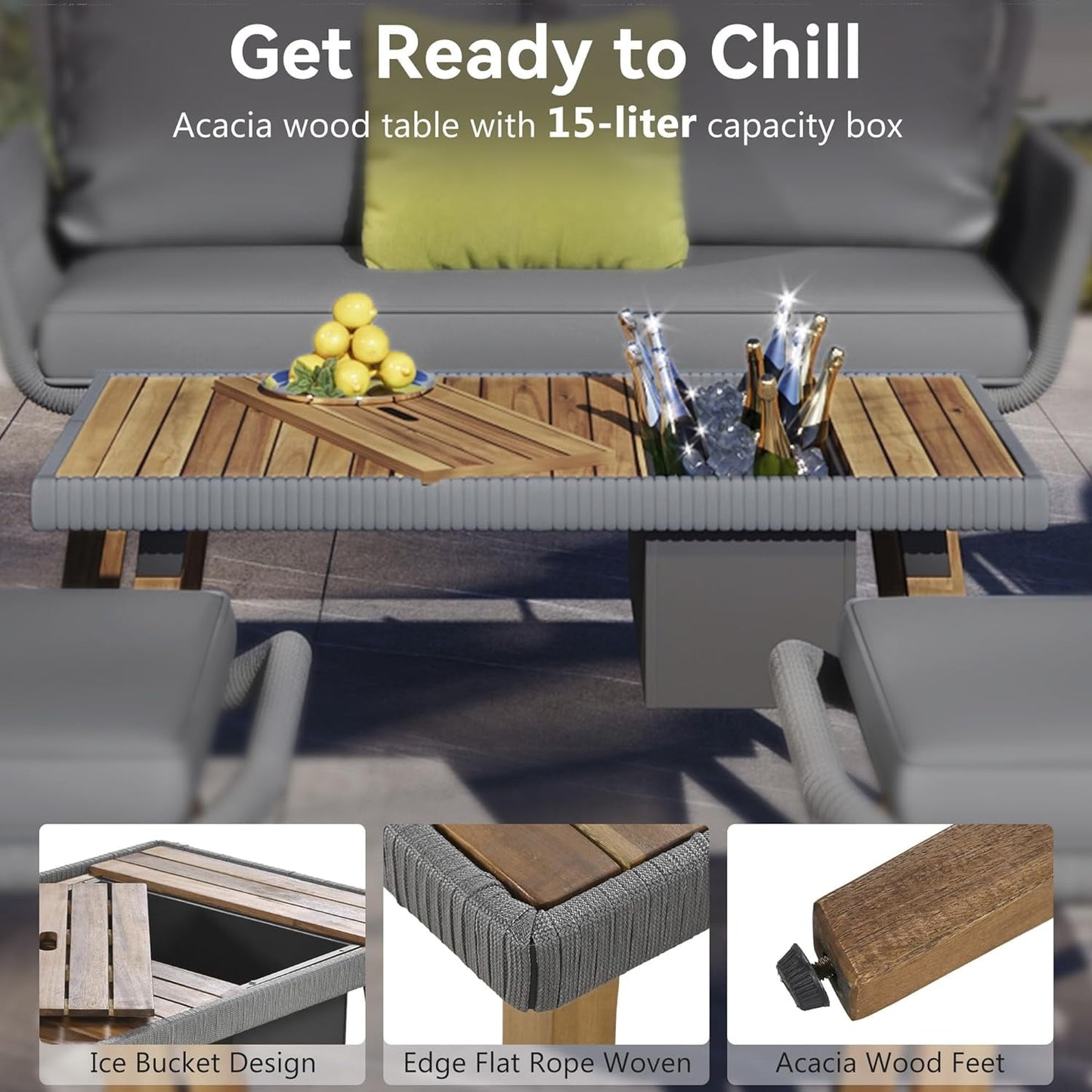 COOKCOK Patio Conversation Set, 6-Piece Rope Outdoor Furniture Set, Section Sofa Set with Acacia Wood Cool Bar Table with Ice Bucket, for Backyard/Porch/Balcony, Gray