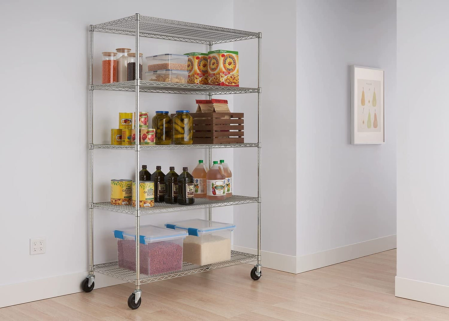 COOKCOK 5-Tier Wire Shelving with Wheels,Storage Shelving Unit,Adjustable Wire Shelving,Heavy Duty Kitchen Shelf,Carbon Steel Wire Shelving Unit for Garage Storage, Laundry Room,Kitchen Organization