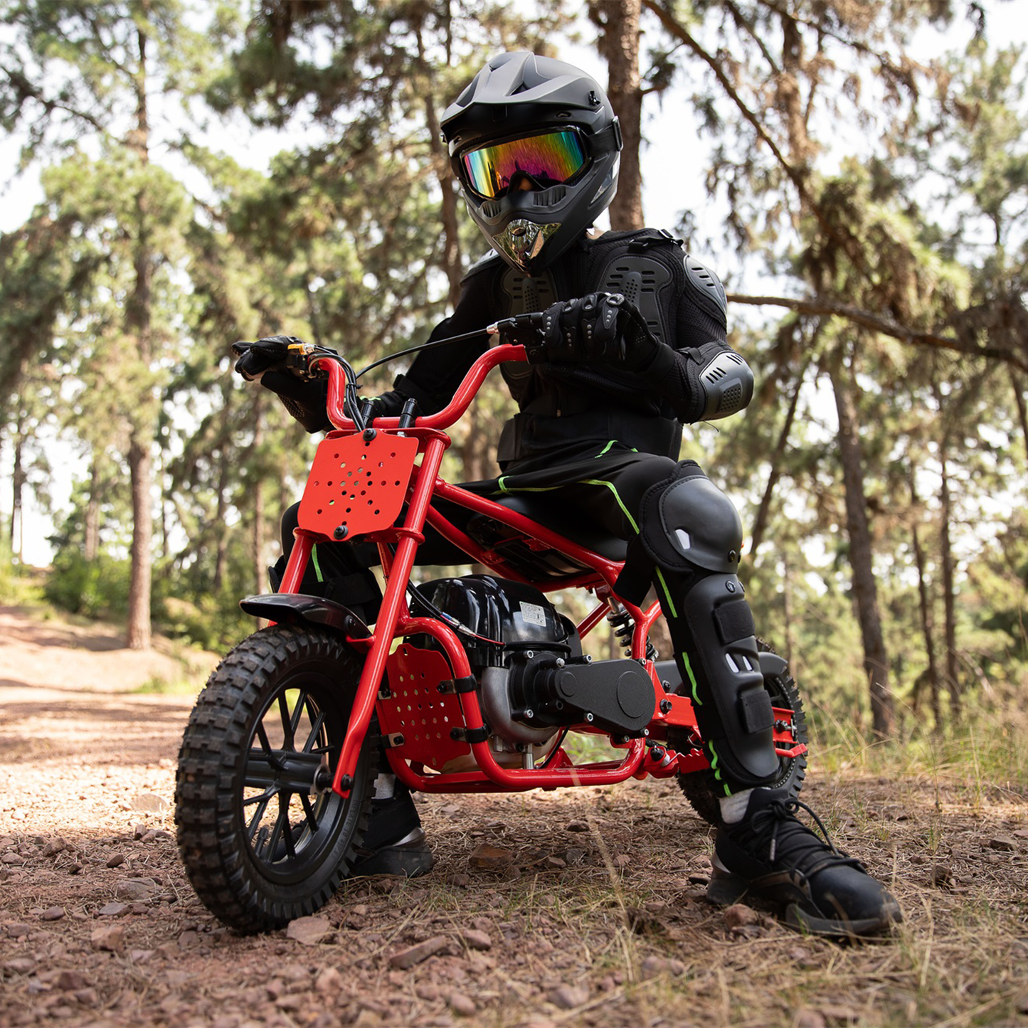 Track Seven 37.7CC 4-Stroke Dirt Mini Bike for Adult & Kids, 1.36HP Gas Powered Off Road Trail Mini Bike, Rear Disc Brakes, Max Load 189 Lb, Safety Features for Ages 6+, Up to 15 MPH, Red