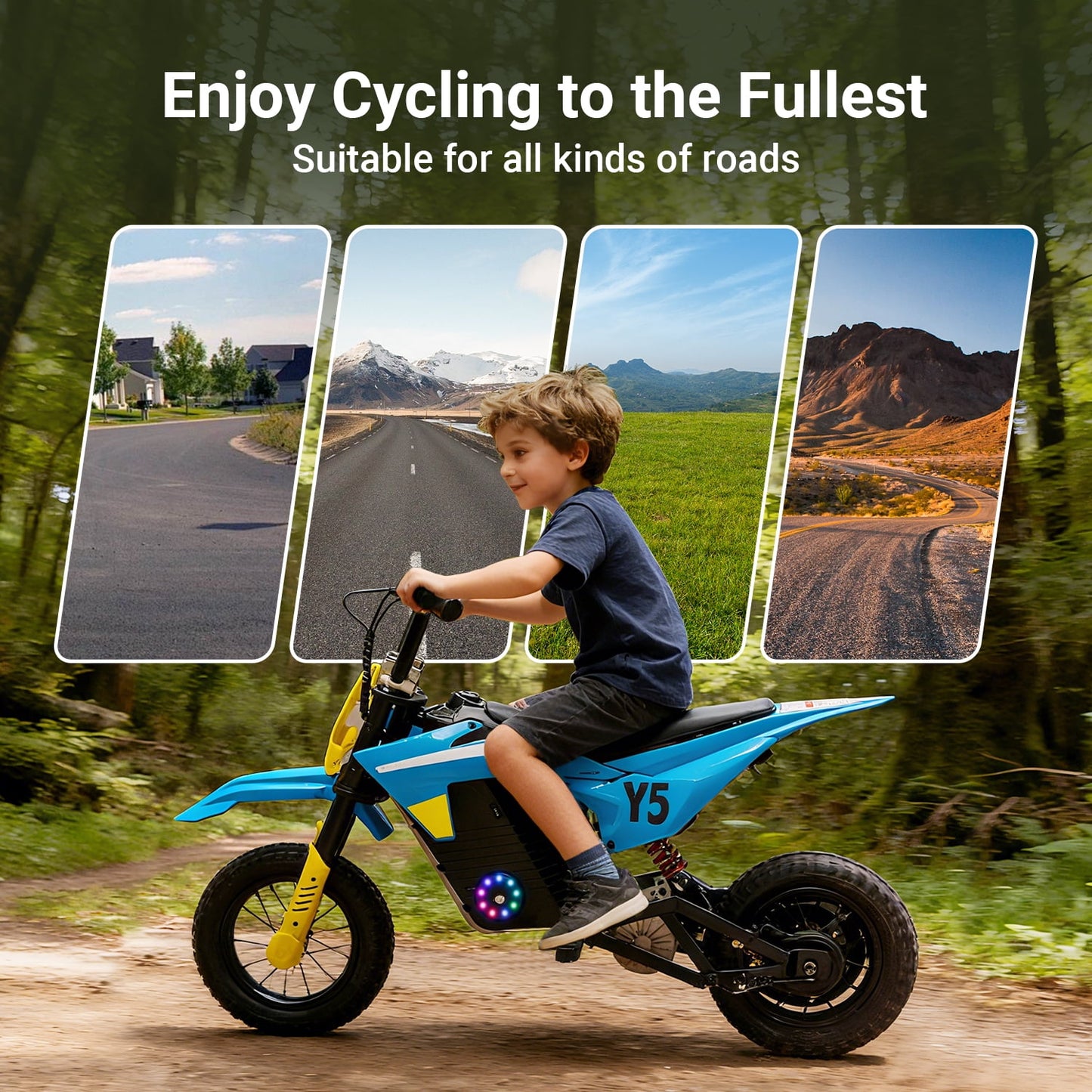 Track Seven 24V Electric Dirt Bike, 250W Ride on Motorcycle, 3 Speed Up-to 9.32 mph, Battery Display, Rear Suspension, Disc Brake, Bluetooth, LED Light, Electric Motocross Bike for Kids Aged 8+, Blue