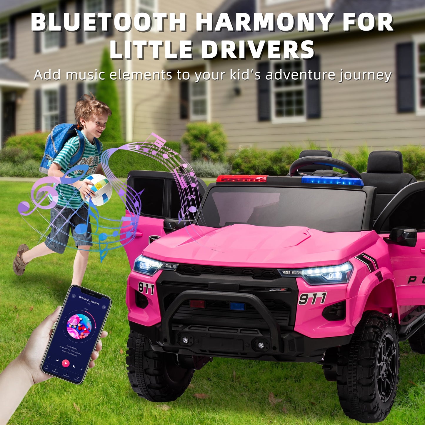 Track Seven 24V Ride on Car, 2-Seater Kids Ride on Pickup Police Car with Remote Control, Bluetooth, 4 x 200W Motor Electric Car, 3 speeds, LED Lights, Spring Suspension, Pink