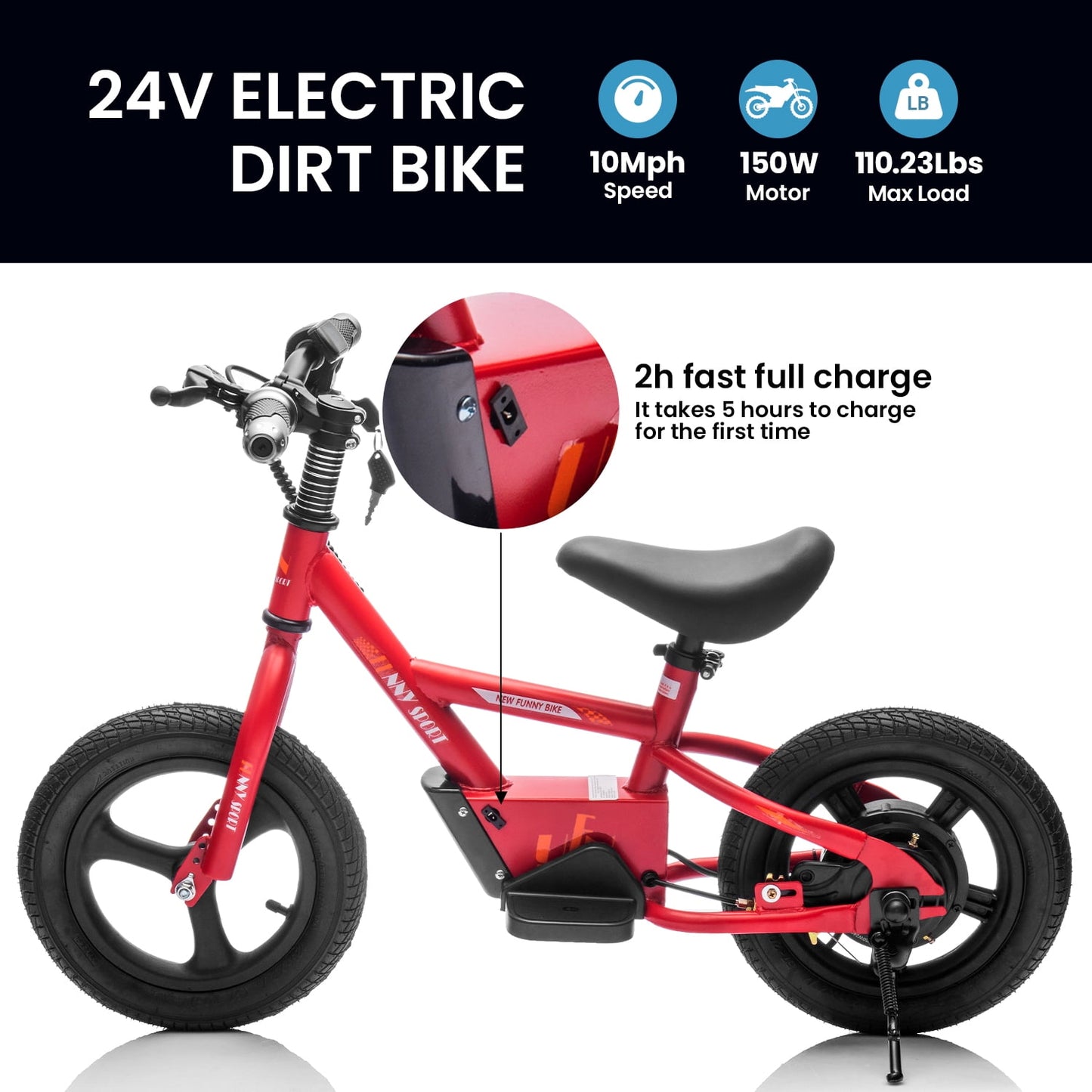Track Seven 24V Electric Dirt Bike for Kids, 150W Electric Motorcycle Up to 10 MPH, Hand-Operated Brakes Electric Balance Bike for Ages 3+, Power Display, Height Adjustable, Key Start, Red