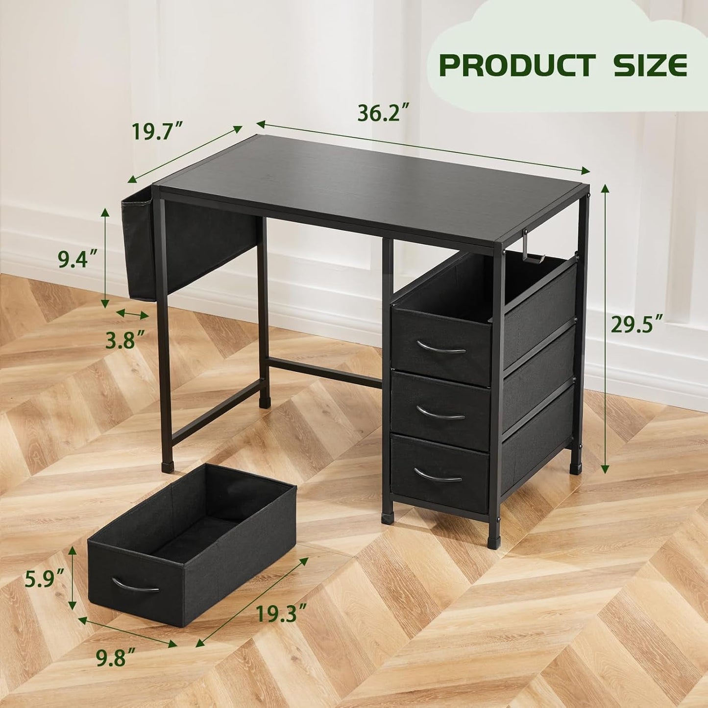 COOKCOK Computer Desk with Fabric Drawers Office Small Desk 36" Wide Desk with Headphone Hooks & Storage Bag for Student Kids Reading Table for Small Spaces, White
