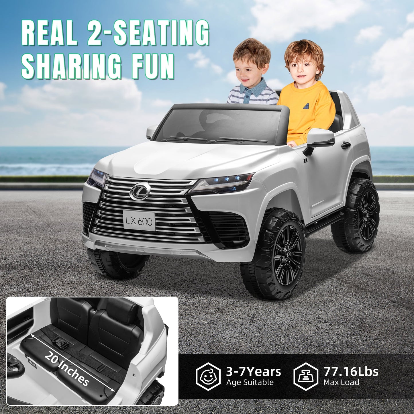 Track Seven 24V 2 Seater Ride on Car, Licensed LEXUS LX600 Electric Car with Remote, 20" Width Seat, Bluetooth, LED Lights, Key Start, Portable Handle, 24V Ride on for Boys Girls Age 3+, White