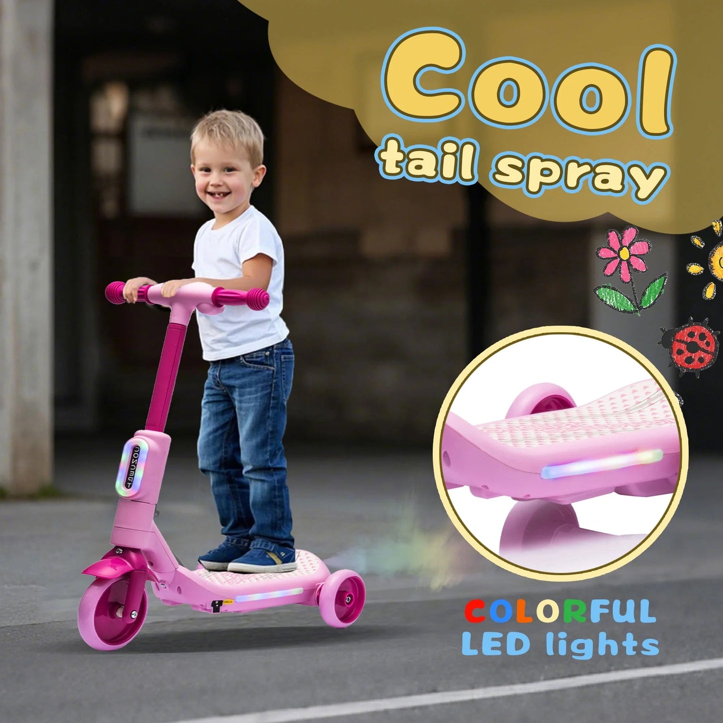 Track Seven Electric Scooter for Kids, 3 Wheels Kids Kick Scooter with Spray, LED Lights, PU Wheels, Wide Pedal, Music, Independent Light Switch, 6V Scooter for Boys Girls Toddlers Ages 3-6, Pink