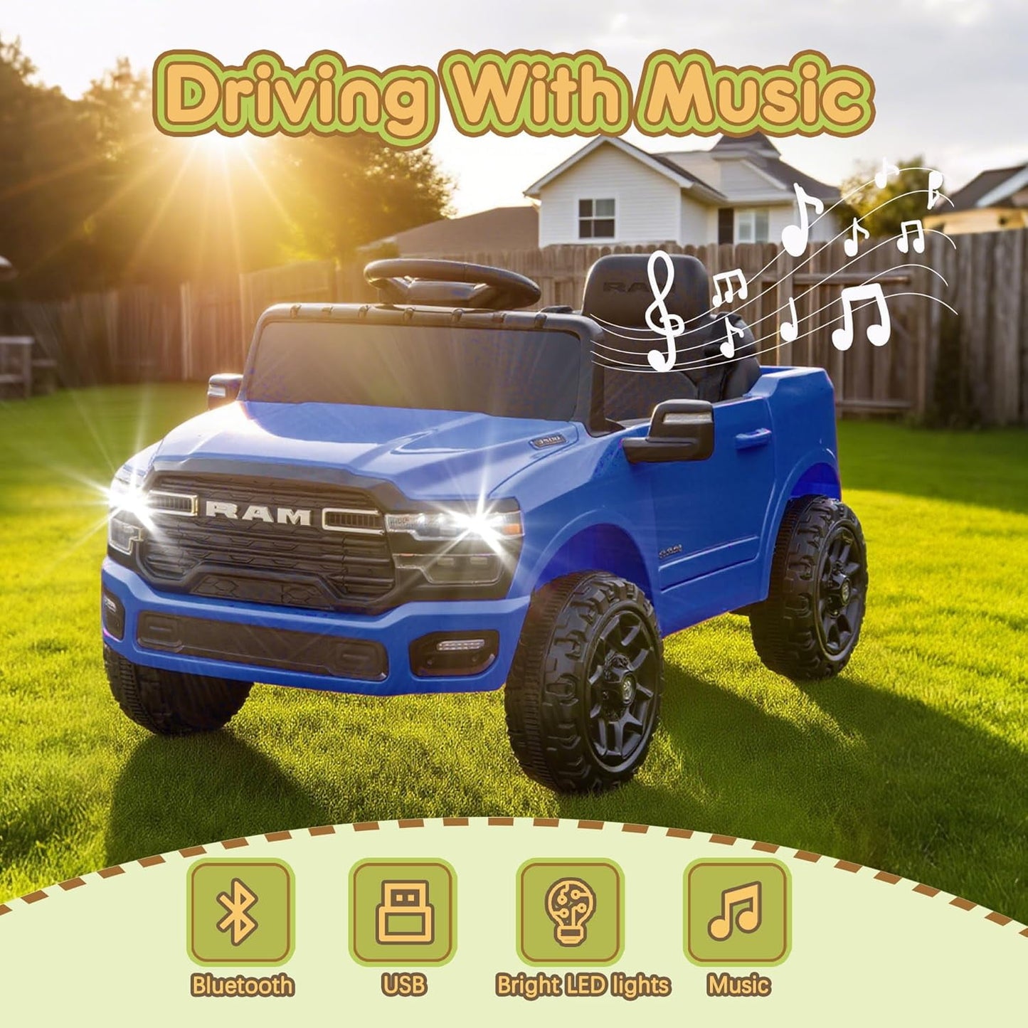 Track Seven 12V Ride on Car, Licensed Dodge RAM 3500 Ride On Truck with Remote Control, Rear Shock Suspension, LED Headlights, Low Battery Alarm, Bluetooth, Music, Ride on Toy for Kids Aged 3+, Blue