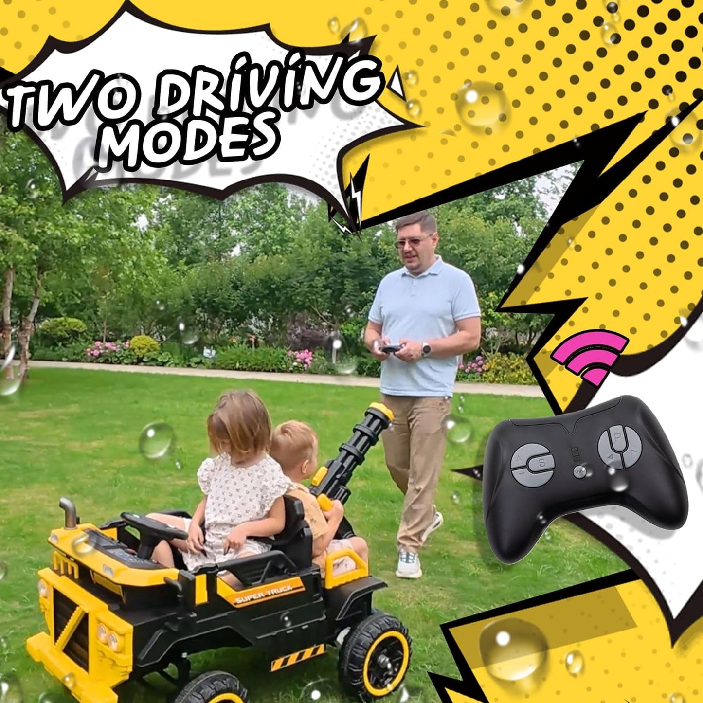 Track Seven 24V Ride on Car, 3-Seater Elecric car with Water Gun, Bluetooth, Remote Control, LED Lights, 2WD/4WD, Off-Road Truck for Boys Girls Age 3+, Yellow