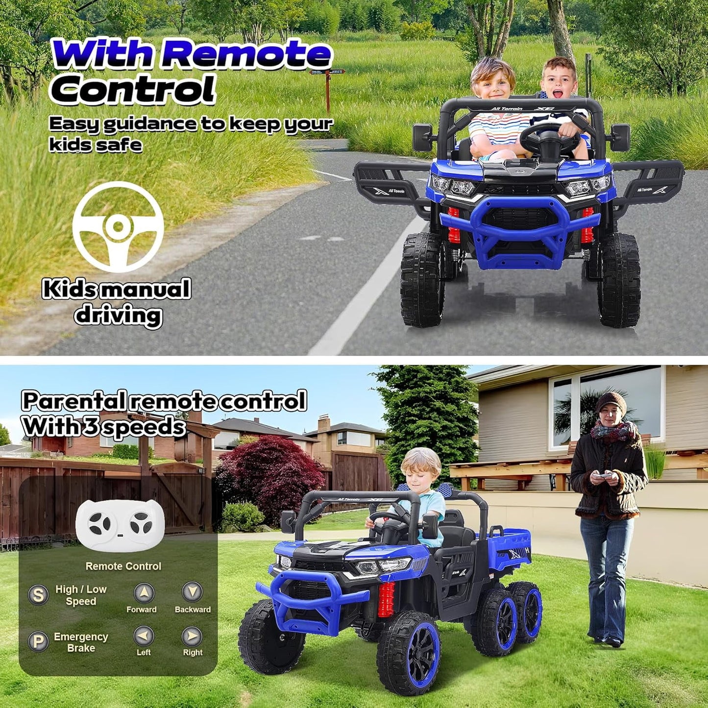 Track Seven 24V 2-Seater Ride on Dump Truck, 4WD 6-Wheel Kids Ride on Car w/Remote Control, Electric Dump Bed, Toy Shovel, Music, Max Speed 5 mph, 21" Large Seat, Ride on Toy for Kids Age 3+, Blue