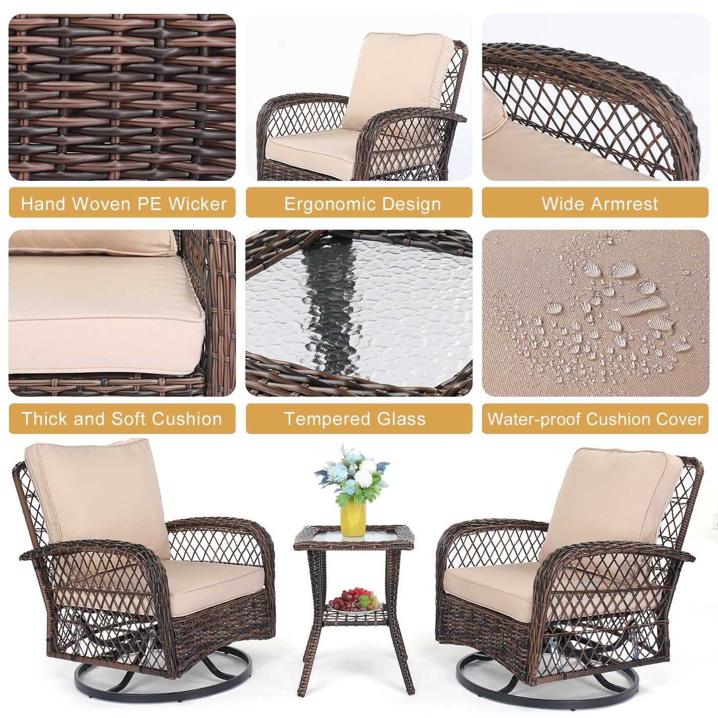 COOKCOK 3 Pieces Outdoor Swivel Rocker Chair Set of 2 with Small Side Table Wicker Rattan Patio Furniture Set Outdoor Rocking Chair Set for Backyard, Balcony, Deck, Beige