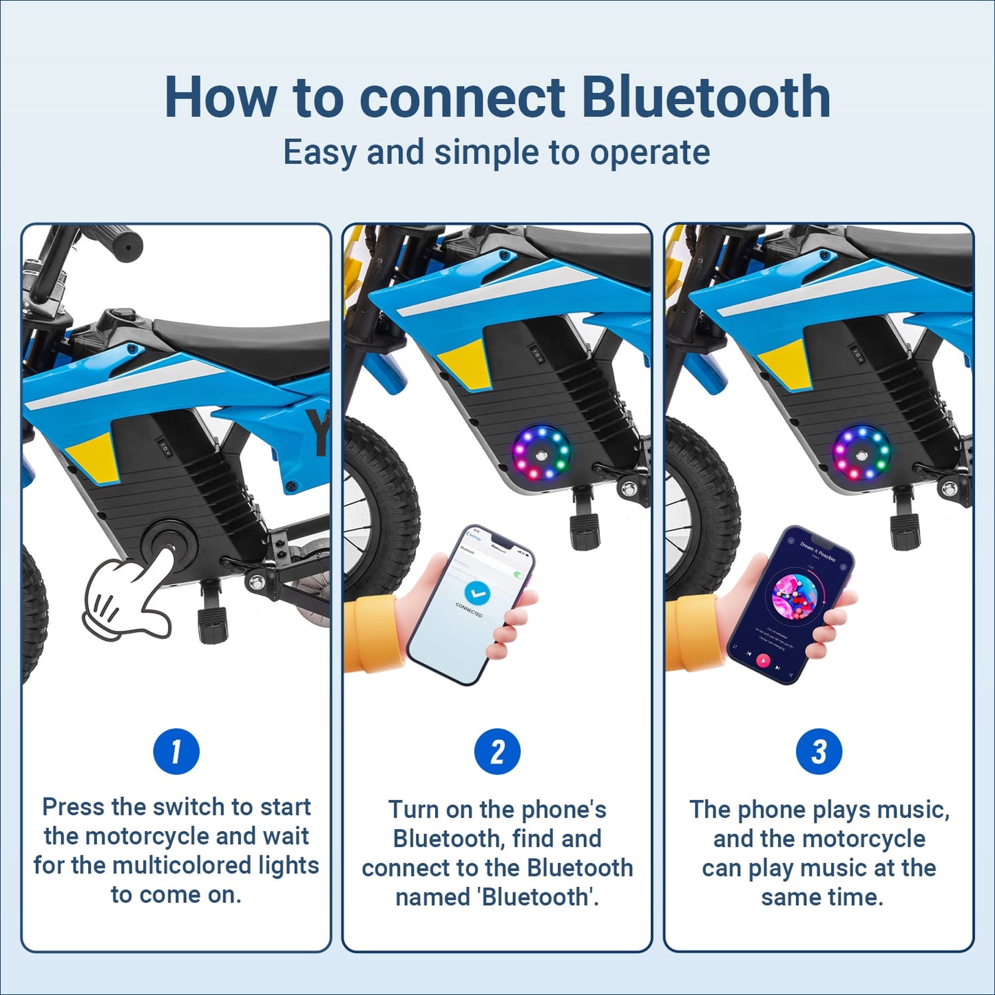 Track Seven 24V Electric Dirt Bike, 250W Ride on Motorcycle, 3 Speed Up-to 9.32 mph, Battery Display, Rear Suspension, Disc Brake, Bluetooth, LED Light, Electric Motocross Bike for Kids Aged 8+, Blue
