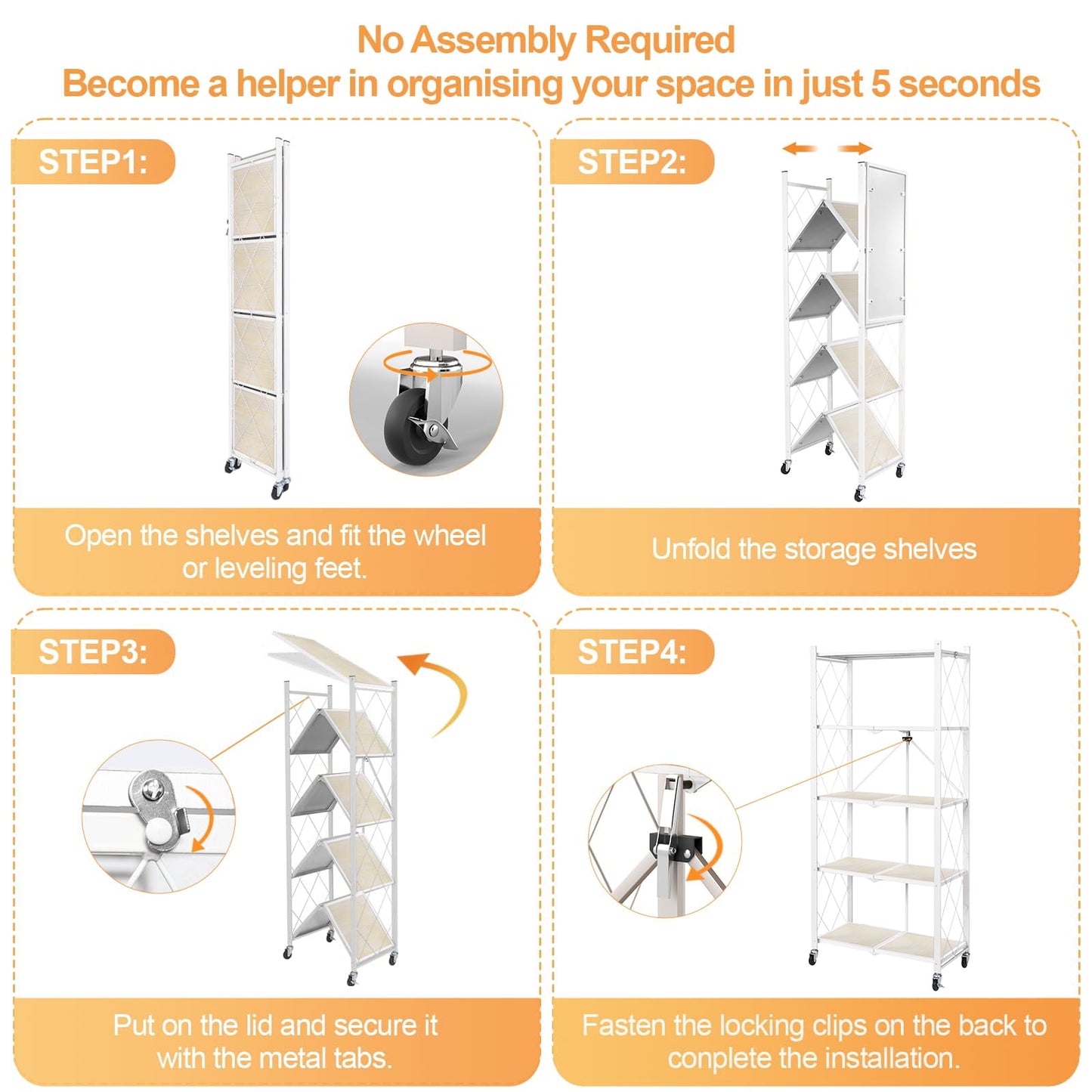 COOKCOK 5-Tier Storage Shelving Unit, Folding Bookshelf, Metal Shelf 27.9"x13.4"x62.5, Foldable Storage Shelf with Wheels, Garage Shelf, Kitchen Shelf, No Assemble Require, White