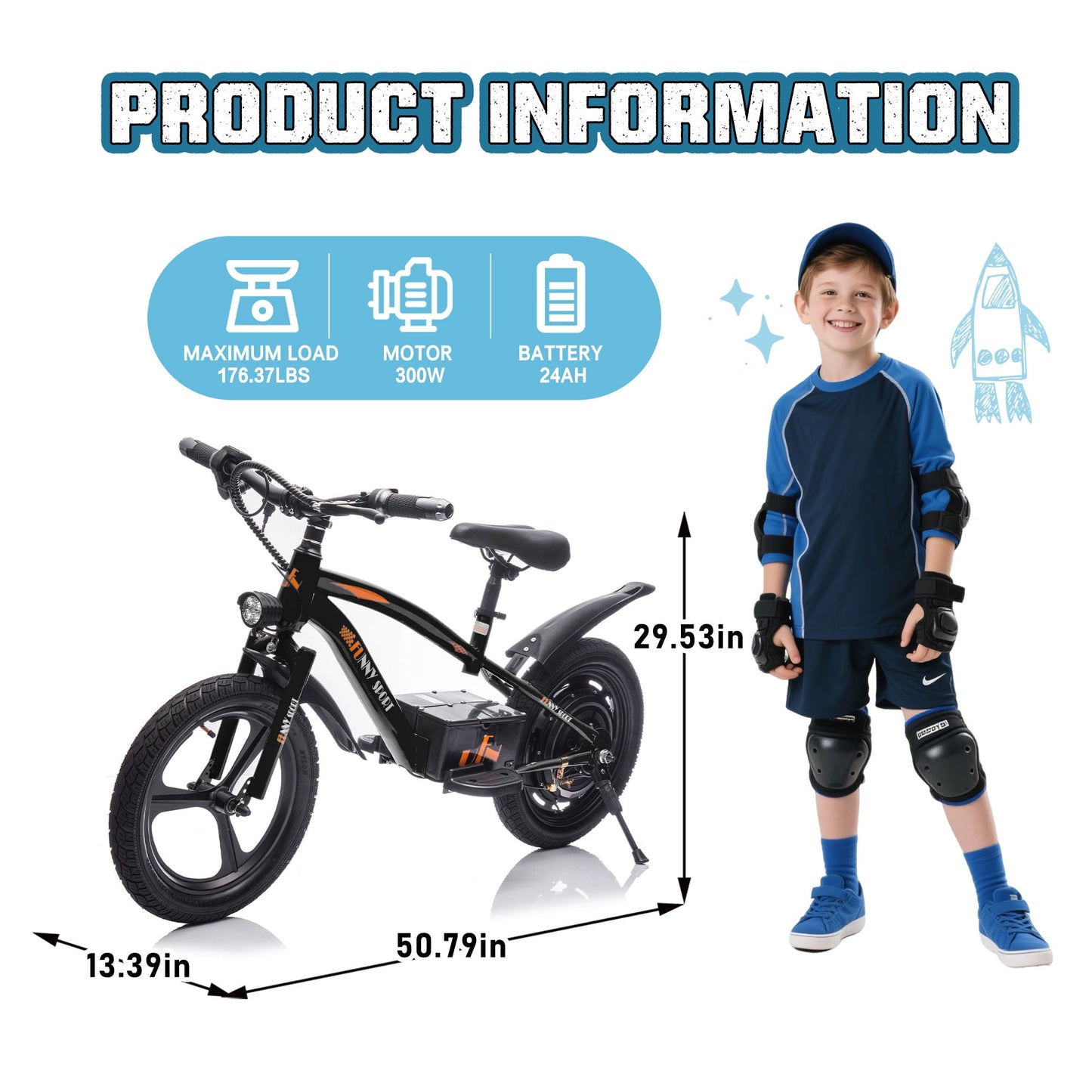 Track Seven 24V Kids Electric Dirt Bike, Ride on Mini Bike, 300W Super Power Motor, Up to 12.43 MPH, 16" Wheels, Adjustable Seat Height, Bright Headlight, Hand-Operated Brakes for Ages 5+, Black