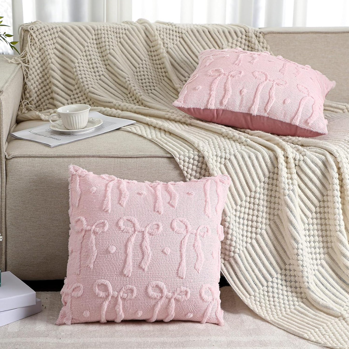 COOKCOK Bow Throw Pillow Covers 18x18 Set of 2 Decorative Pillow Covers Soft Plush Faux Wool Aesthetic Pillowcases Preppy Room Decor for Bed Sofa Couch Living Room, Pink