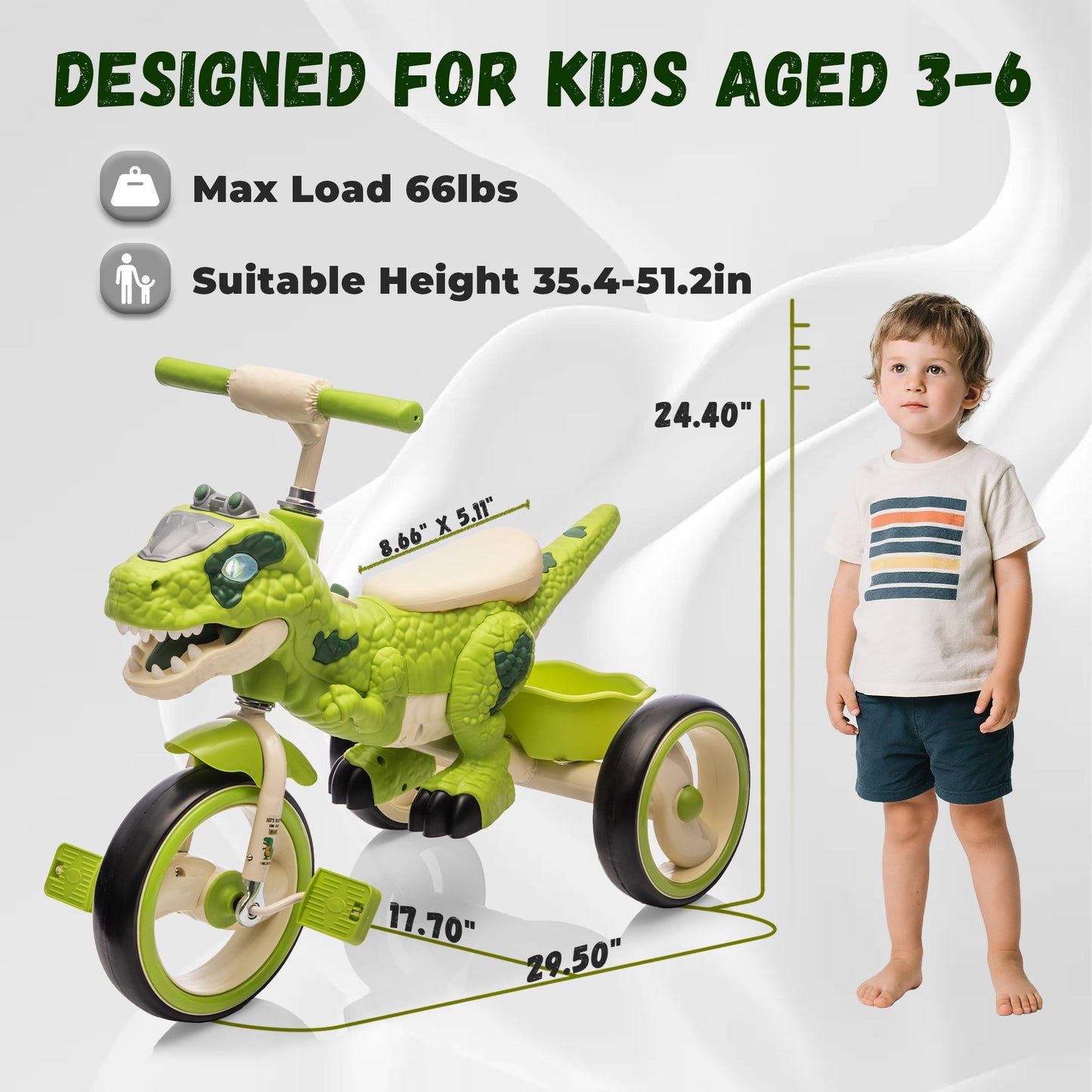 Track Seven Dinosaur Kids Tricycle for Rider, Toddlers Trike Bike with Music, LED Lights, Storage Basket, Indoor/Outdoor Preschool Daycare Kids Bike for Boys Girls 3+ Years, Green