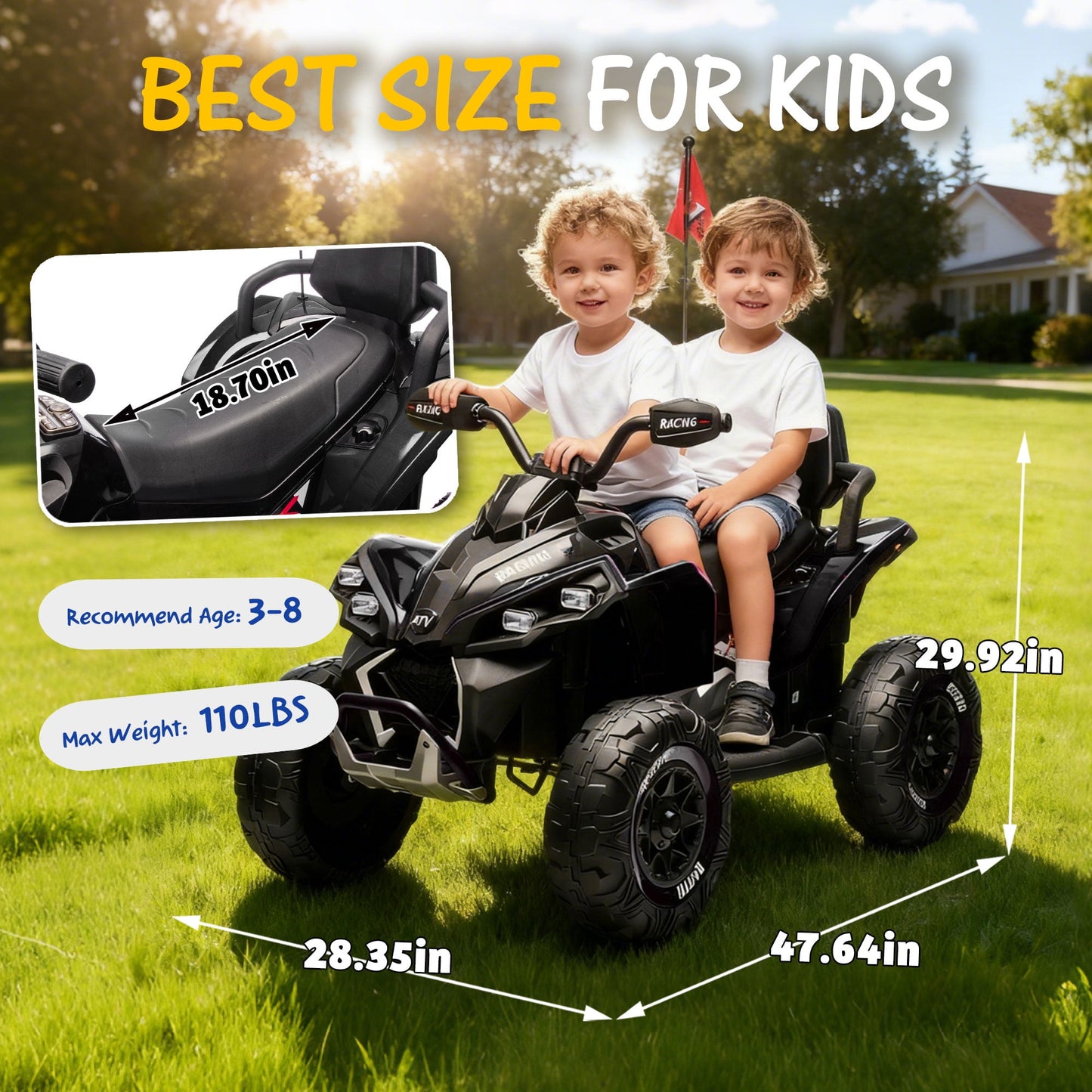 Track Seven 24V Kids Ride-On ATV, Four Wheeler Quad Electric Car with Remote, 2 Speeds, Bluetooth, LED Light, English Storytelling, Shock Absorber, Kids Electric ATV for Boys Girls Aged 3+, Black