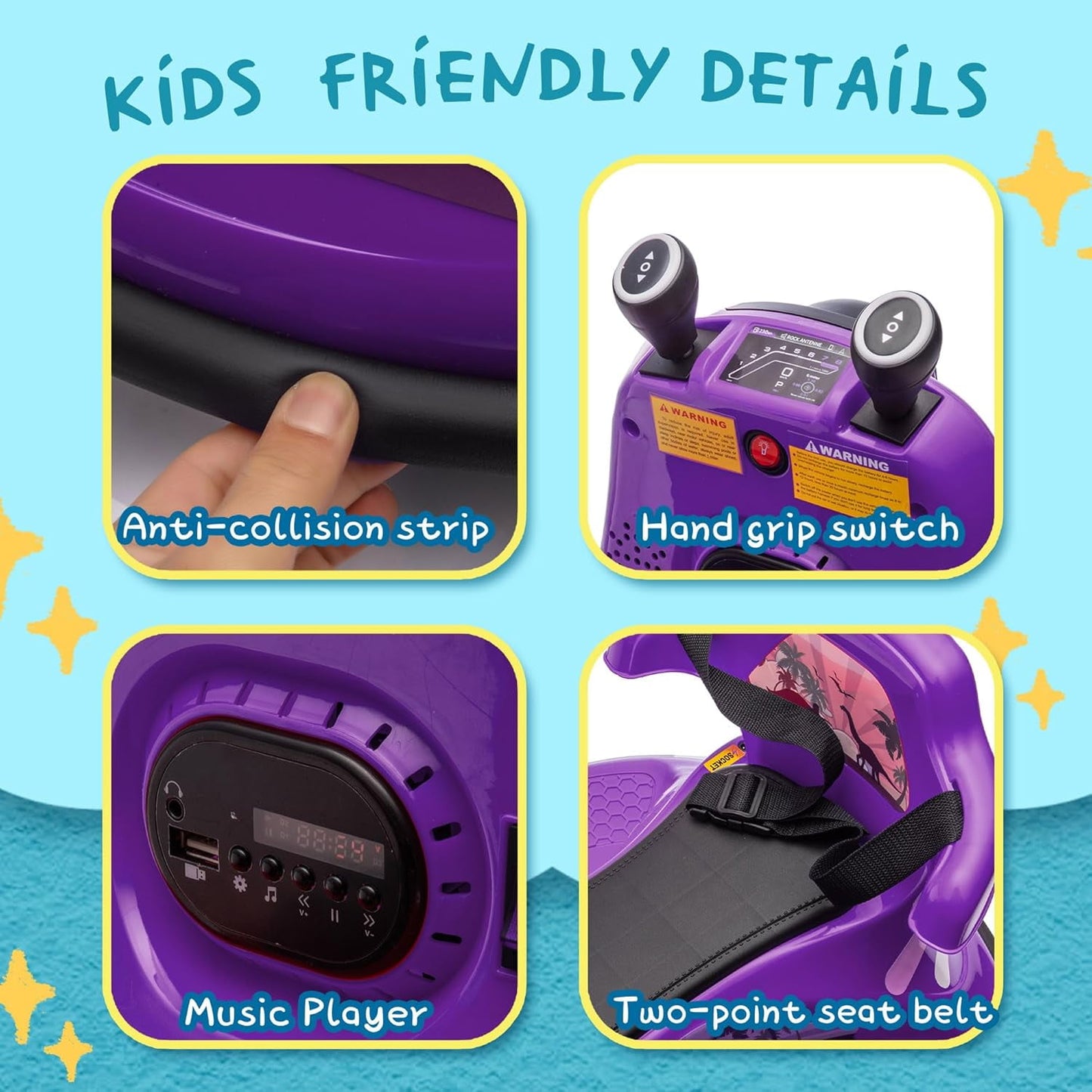 Track Seven 12V Ride On Bumper Car, 360° Spin, Remote Control, Dual Steering Handles, Kids Bumper Car with LED Lights, Music, Joysticks, Electric Car for Toddlers Boys Girls Ages 2-5, Purple