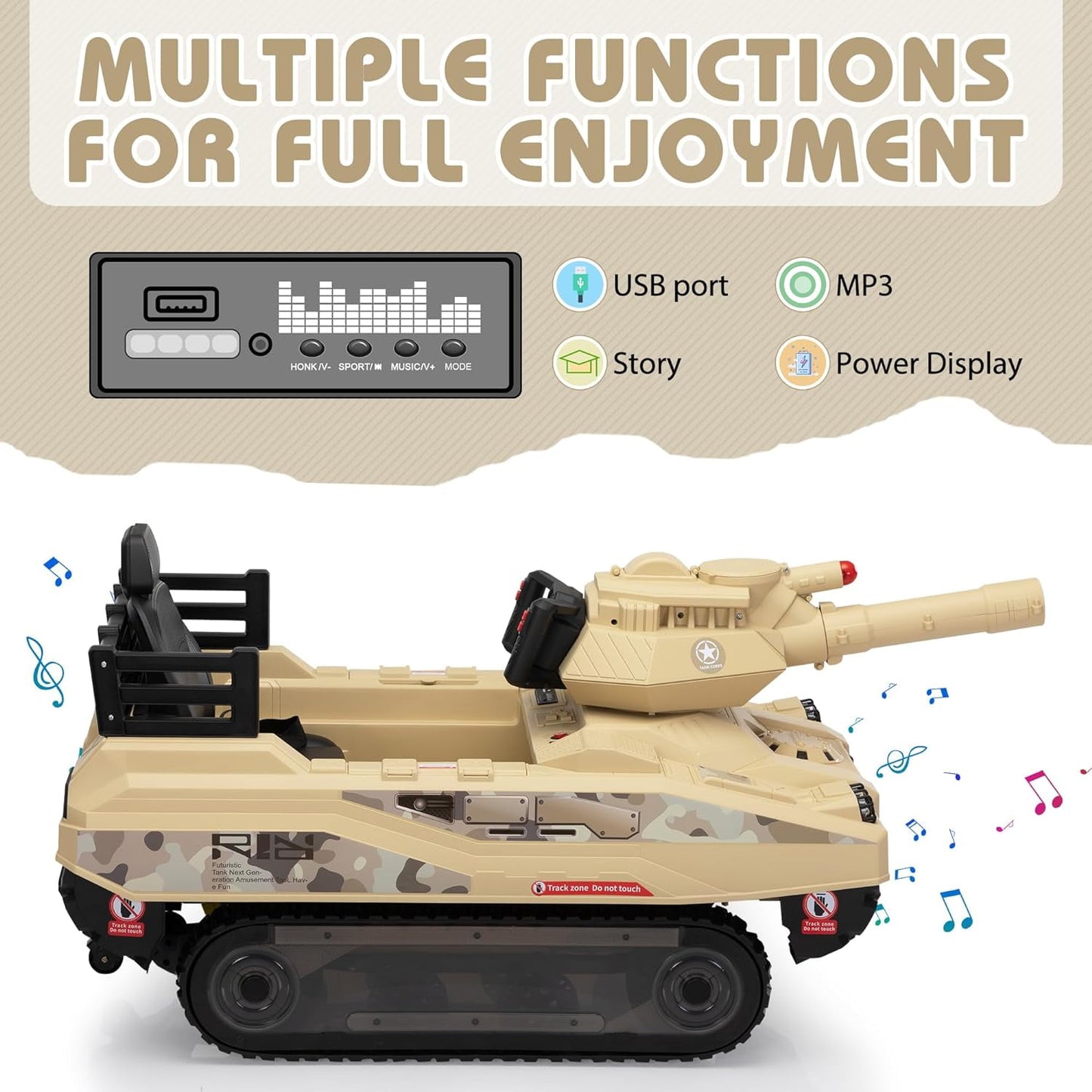 Track Seven 24V Ride on Car, Kids Ride on Tank with Fighting Cannon and Rotating Turret, Remote Control, Lights, Music, 360° Spin, Electric Off-Road RC Fighting Tank Truck, Yellow