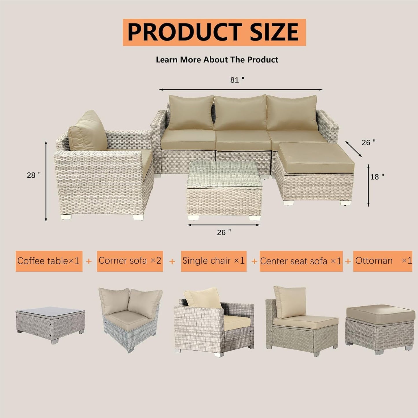 COOKCOK 6-Piece Patio Wicker Furniture Set, Sofa Couch Conversation Set with Ottoman & Glass Top Coffee Table for Garden, Beige