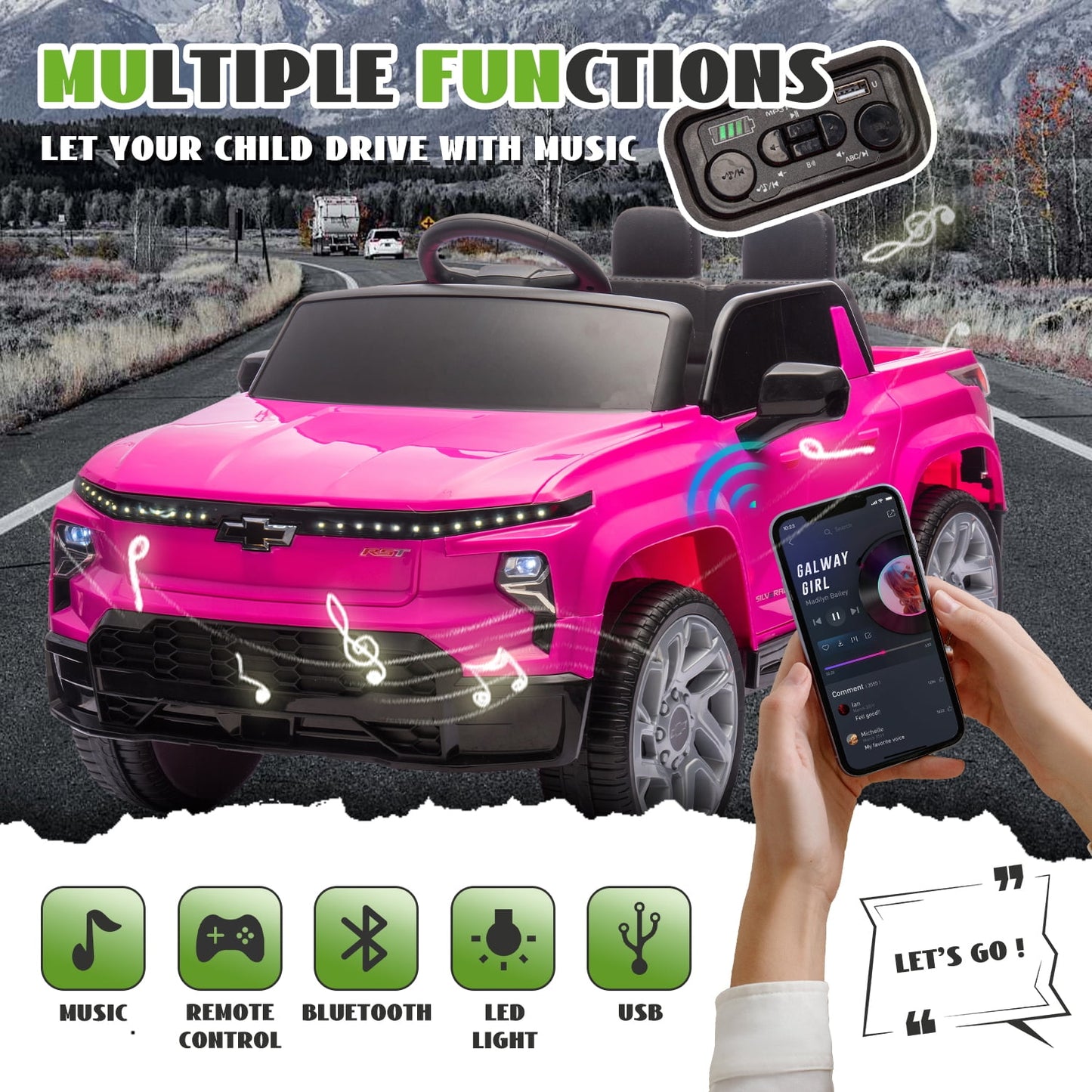 Track Seven 24V Ride on Car, Licensed Chevrolet Silverado Electric Car Truck with Remote Control, Bluetooth, LED Lights, Power Display, Rear Storage Ride on Toy Car for Boys Girls Age 3+, Pink