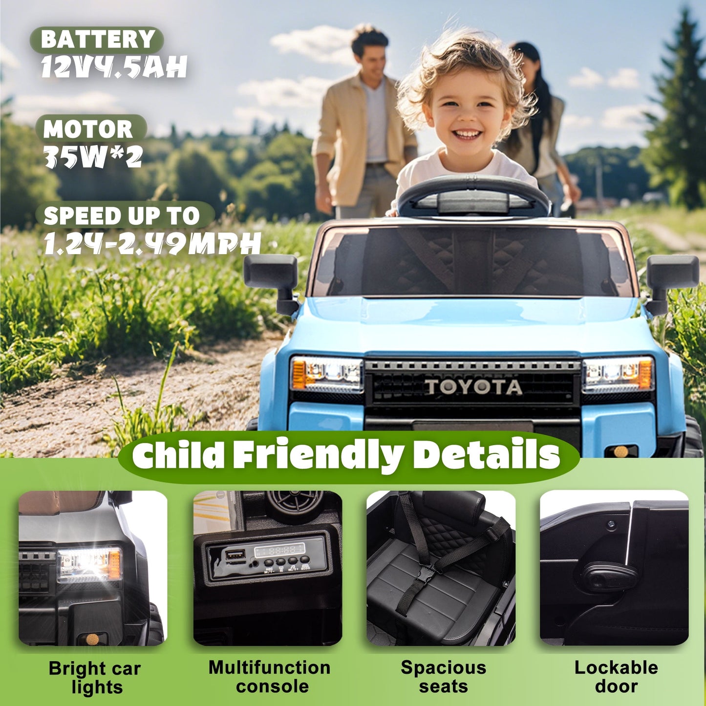 Track Seven 12V Ride on Car, Licensed Toyota LC250 Ride on Truck for Kids, Electric Car with Remote Control, Power Display, Music, Bluetooth, 12V Ride on Toy Car for Boys Girls Age 2+, Blue