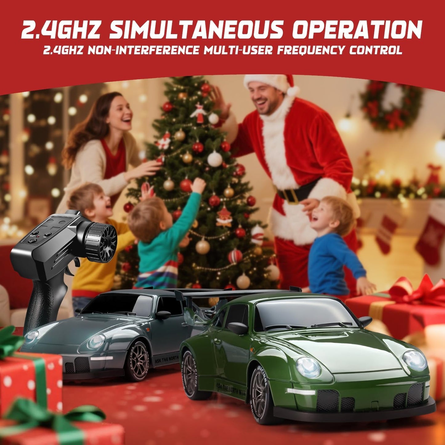 Track Seven RC Drift Car, 1:24 Scale Remote Control Vehicle with LED Lights, 2.4GHz 20KM/H 4WD High Speed RC Cars, Drifting Tires&Two Batteries, Racing Sports Toy Idea Gift for Adults Boys Girls