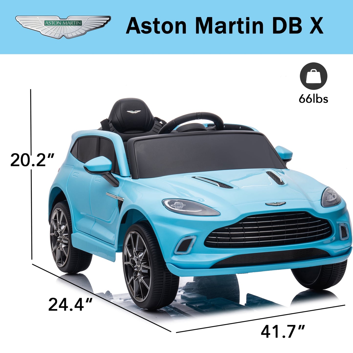 Track Seven 12V Kids Ride on Car, Licensed Aston Martin Electric Car for Boys Girls Age 3+, Remote Control, Music, USB, Portable Handle, Blue