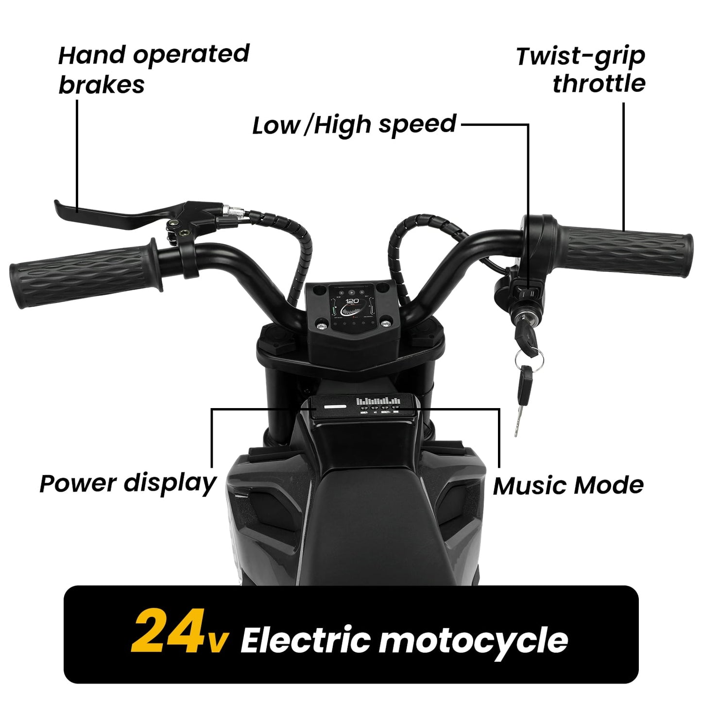 Track Seven 24V Electric Dirt Bike, 200W Motocross Ride on Motorcycle with Hand Operated Brakes, Adjustable Speed, LED Lamp, Music, Max Speed 10mph, Electric Motorcycle for Kids Age 5+, Black