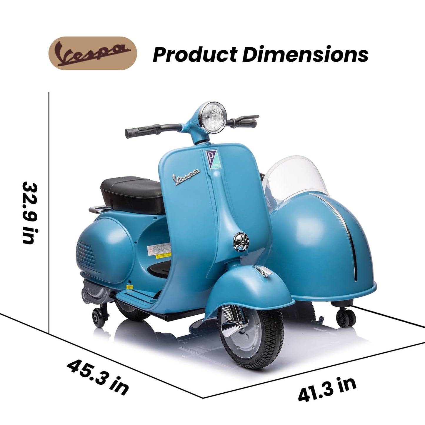 Track Seven 2-Seater Ride on Motorcycle, 12V Licensed Vespa Electric Motorcycle wth Side Car, 2-Seater Ride on Car, Music, Max Speed 4.8mph, Blue